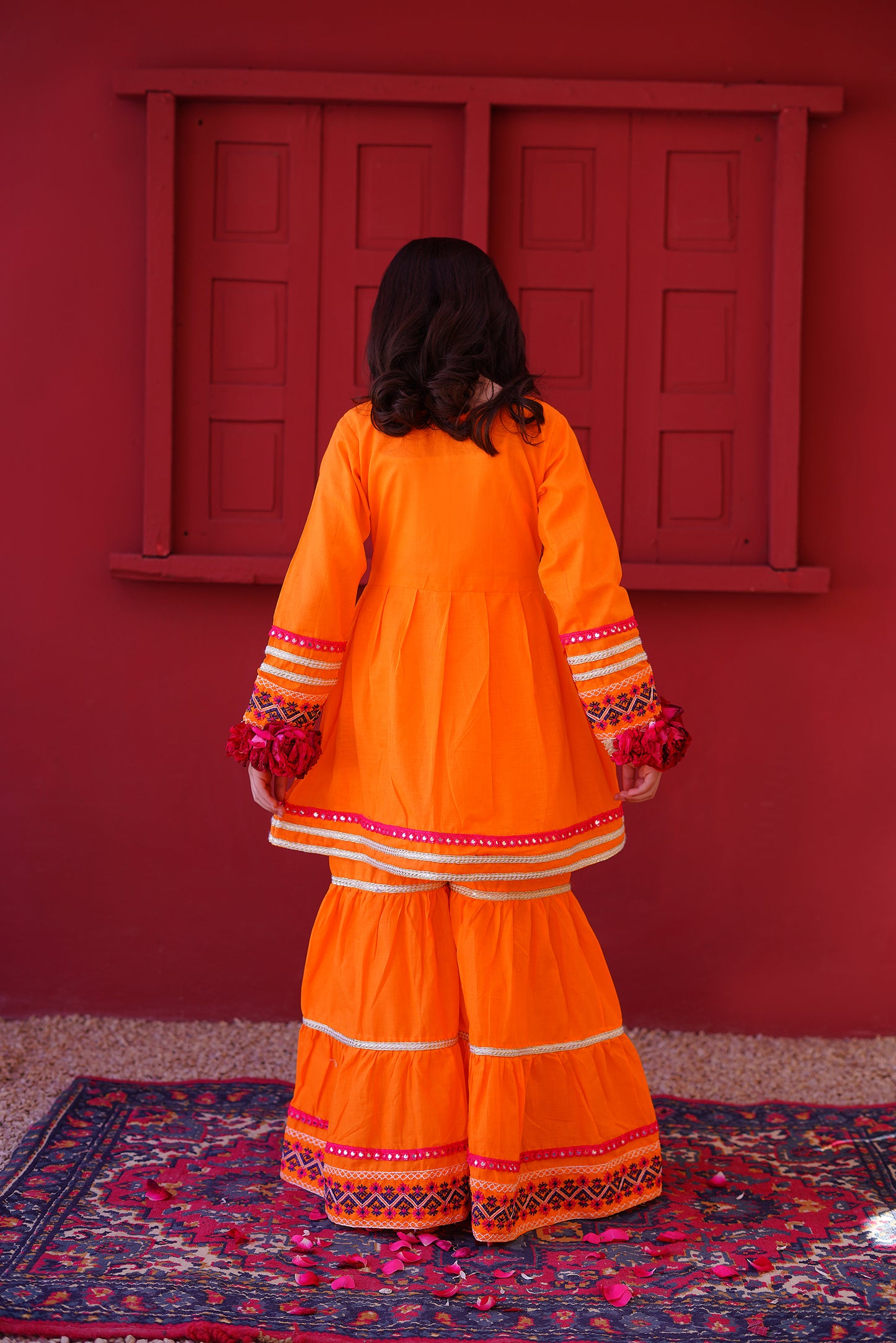 3 piece Orange Embroidered Cotton Peplum Frock Gharara Suit with Shocking Pink Chiffon Dupatta & Laces.(Stitch)