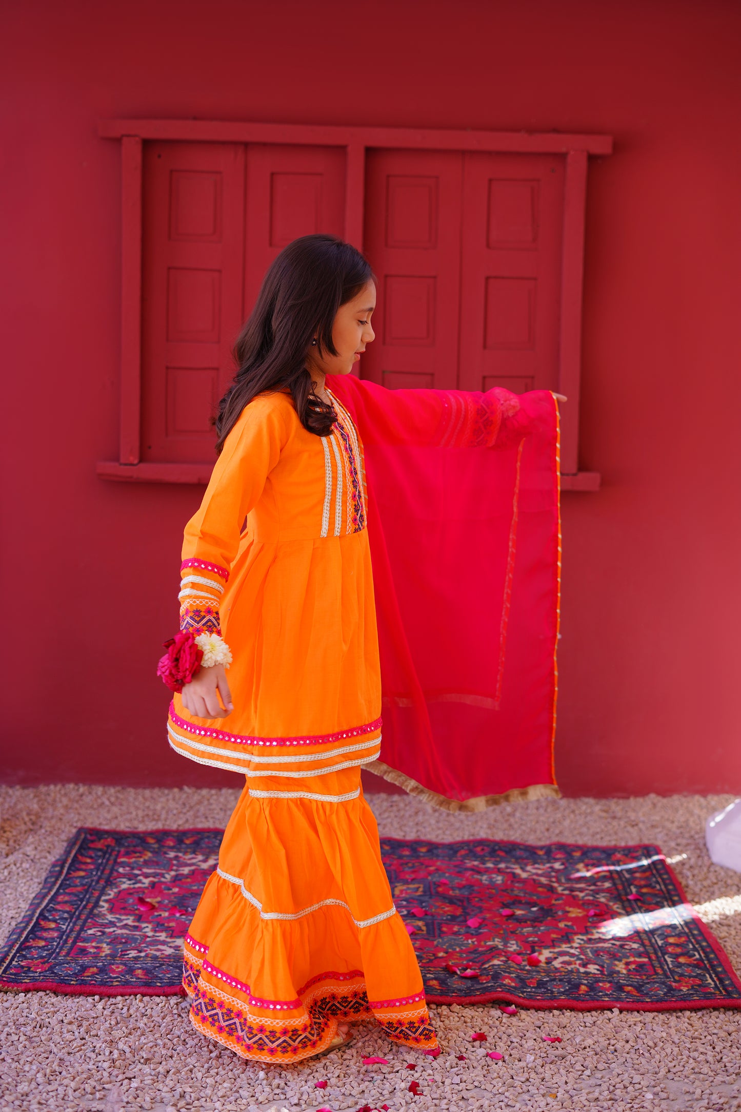 3 piece Orange Embroidered Cotton Peplum Frock Gharara Suit with Shocking Pink Chiffon Dupatta & Laces.(Stitch)