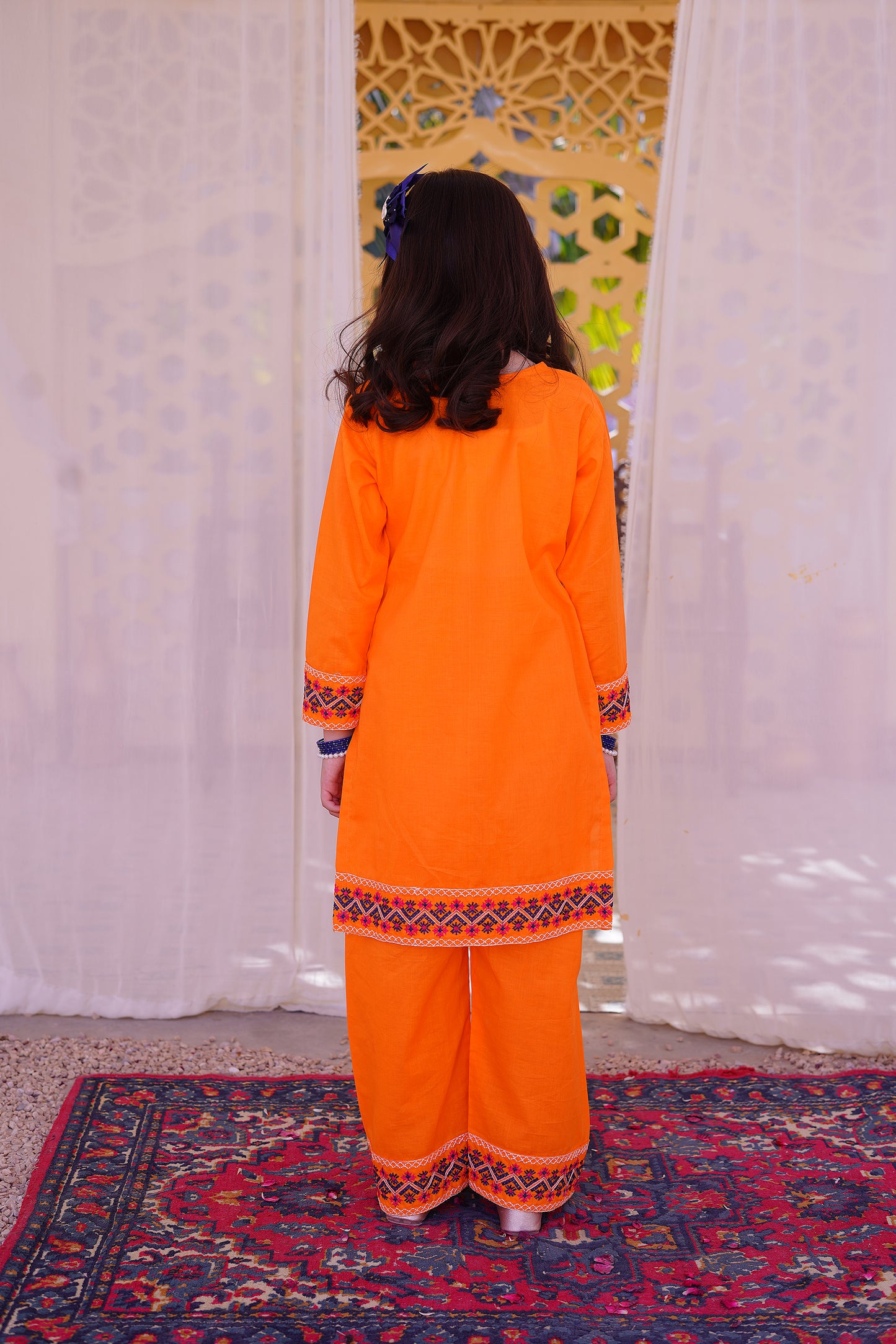 3 piece Orange Embroidered Cotton Palazzo Suit with Navy Blue Chiffon Dupatta & Laces.(Stitch).