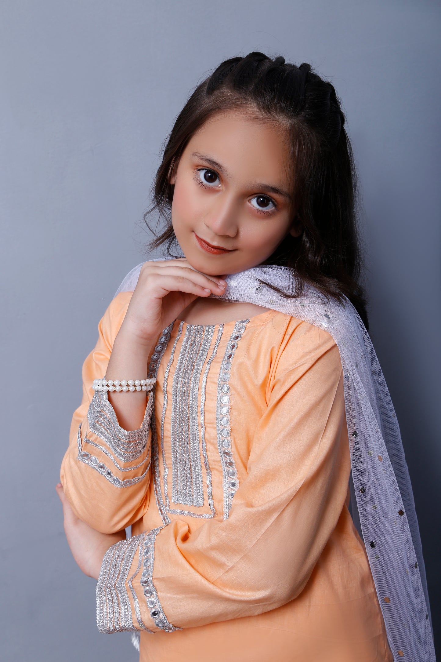 3 piece Peach Cotton Plazo Shalwar Kameez Suit with White/Silver Laces & White/Silver net chan Dupatta.(Stitch)
