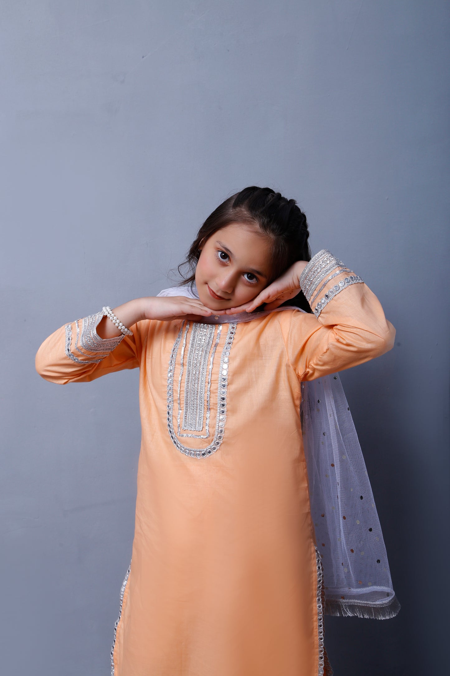 3 piece Peach Cotton Plazo Shalwar Kameez Suit with White/Silver Laces & White/Silver net chan Dupatta.(Stitch)