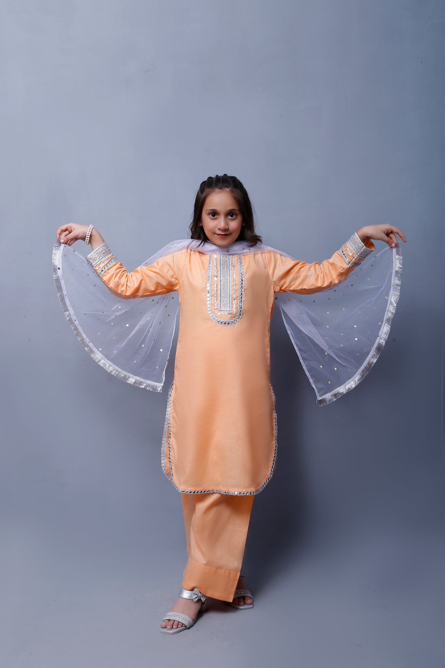 3 piece Peach Cotton Plazo Shalwar Kameez Suit with White/Silver Laces & White/Silver net chan Dupatta.(Stitch)