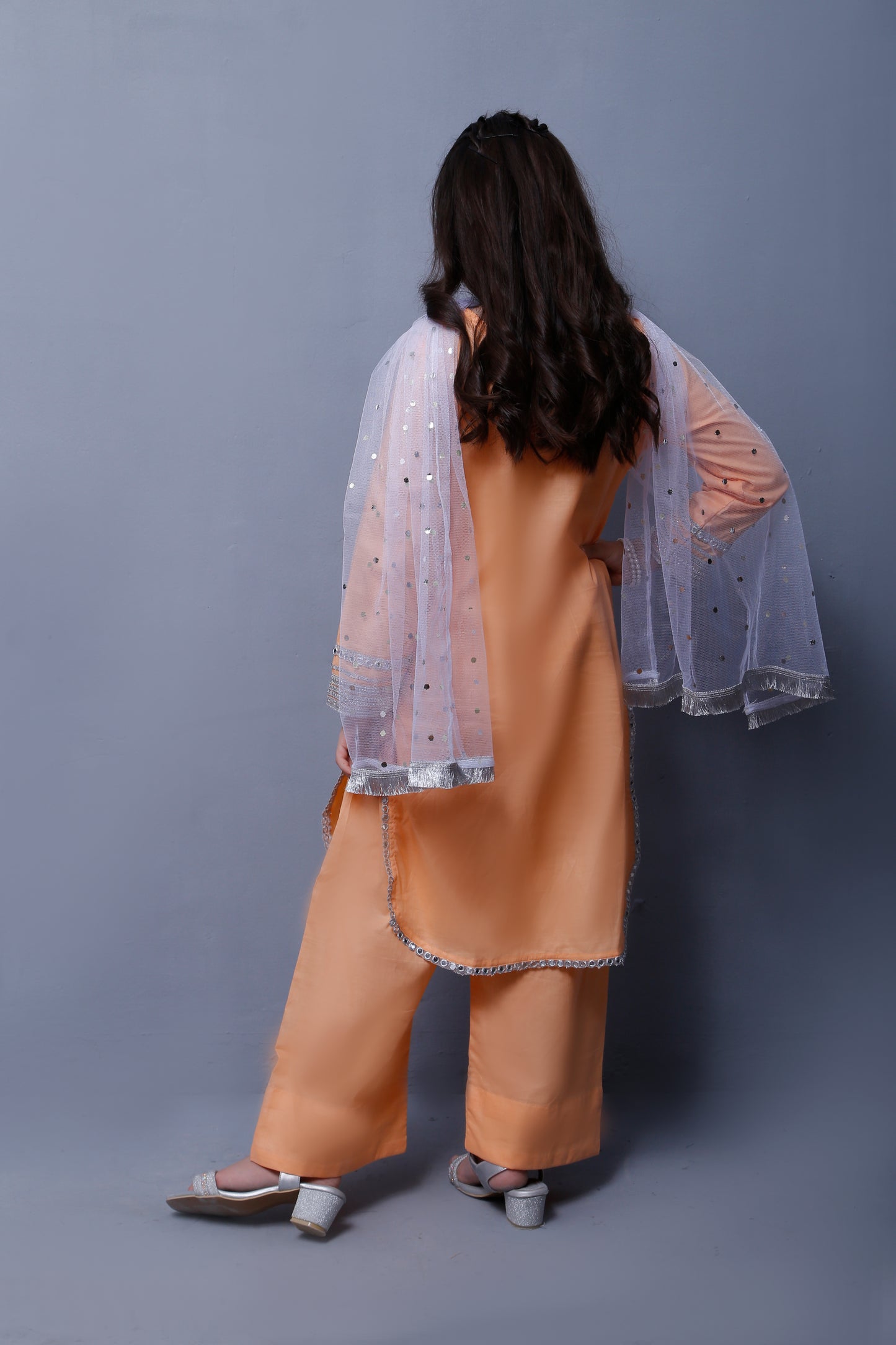 3 piece Peach Cotton Plazo Shalwar Kameez Suit with White/Silver Laces & White/Silver net chan Dupatta.(Stitch)