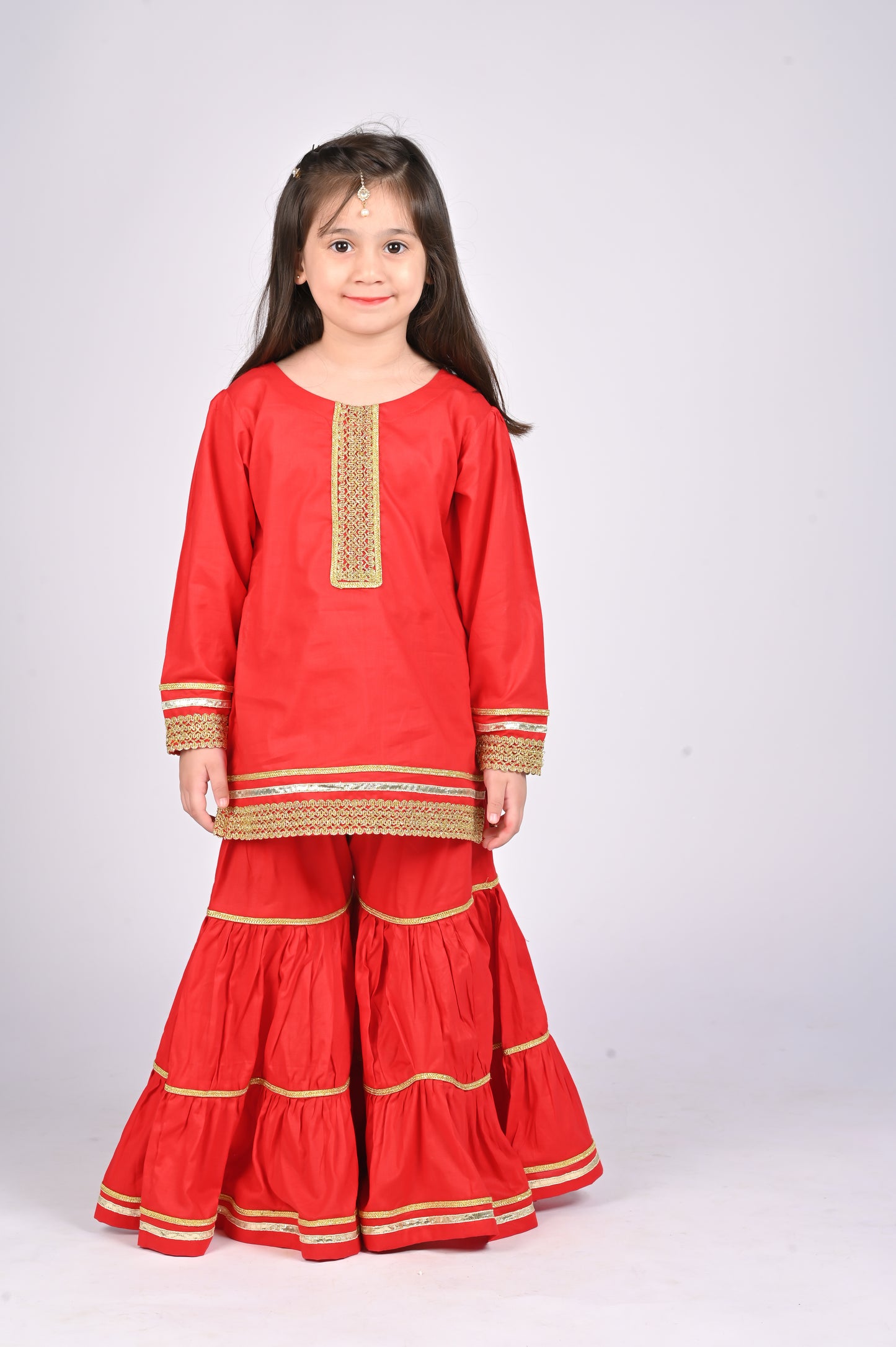 3 piece Red Cotton Gharara with Red net Dupatta.(Stitch)