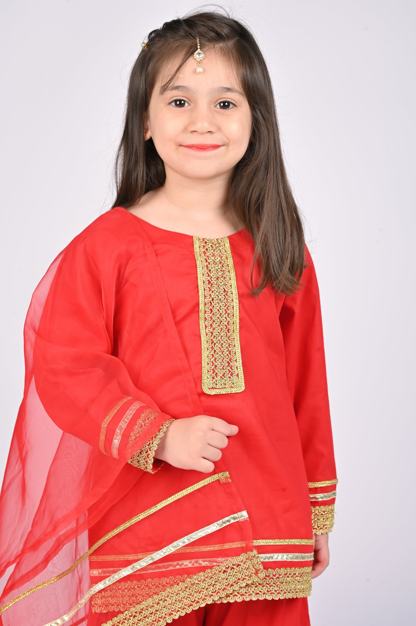 3 piece Red Cotton Gharara with Red net Dupatta.(Stitch)
