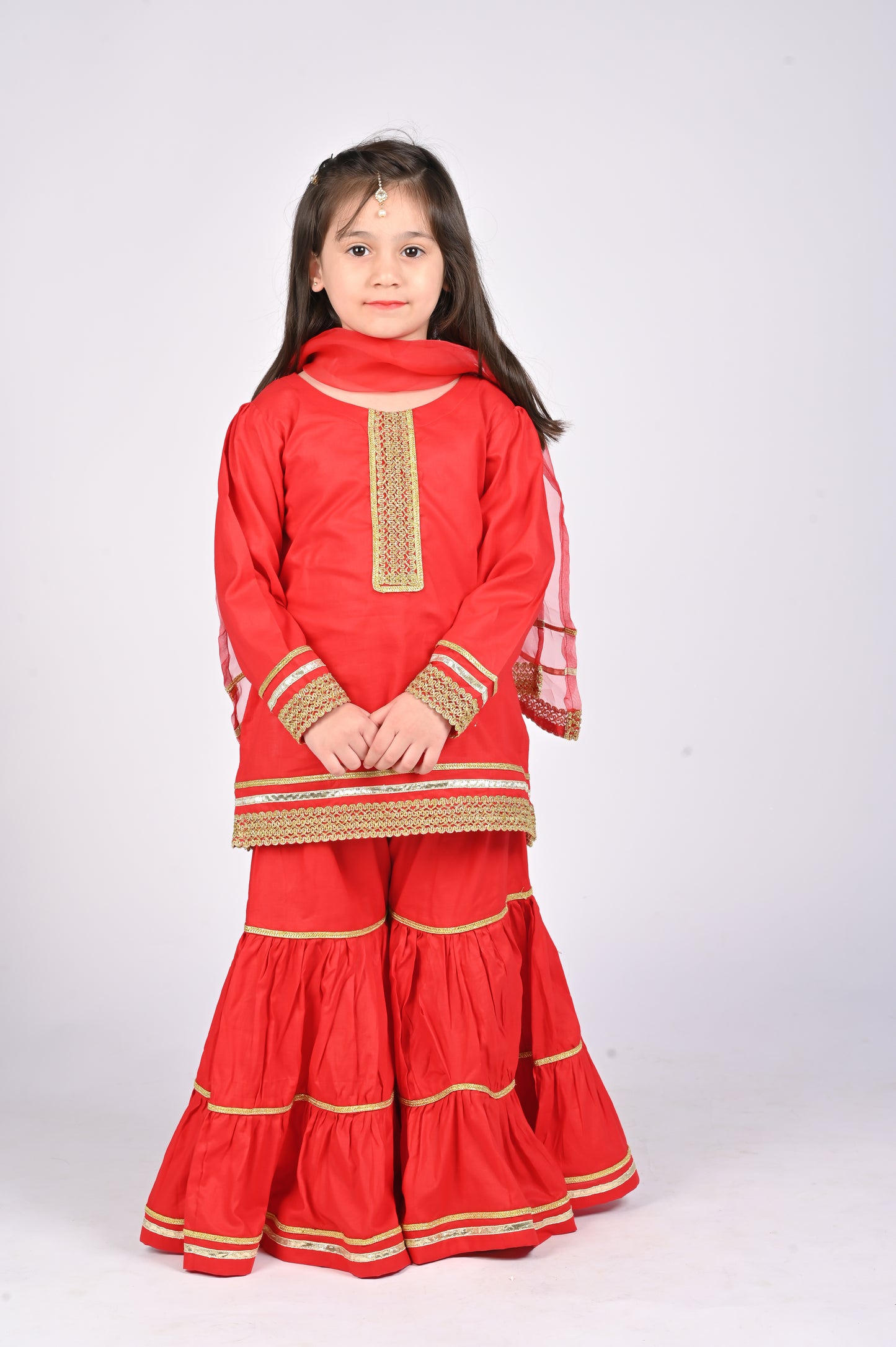 3 piece Red Cotton Gharara with Red net Dupatta.(Stitch)