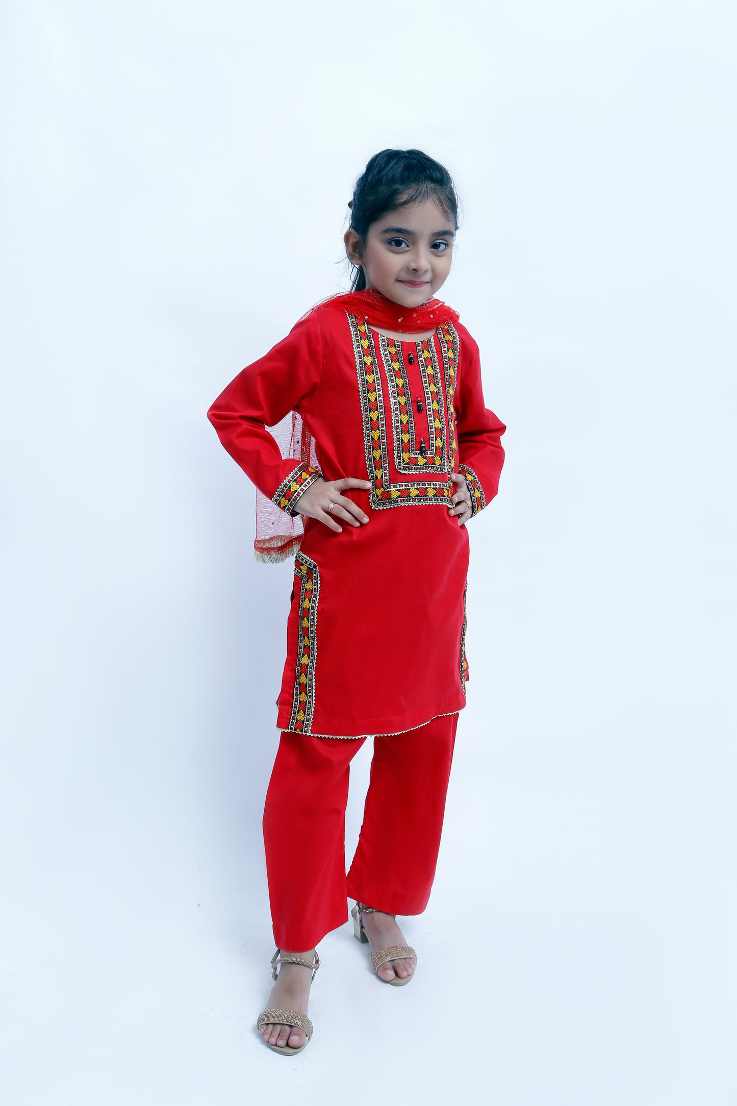 3 piece Stunning Red Cotton Plazo Suit with Beautiful Multicolor & Golden Laces & Red chan net Dupatta. (Stitch)