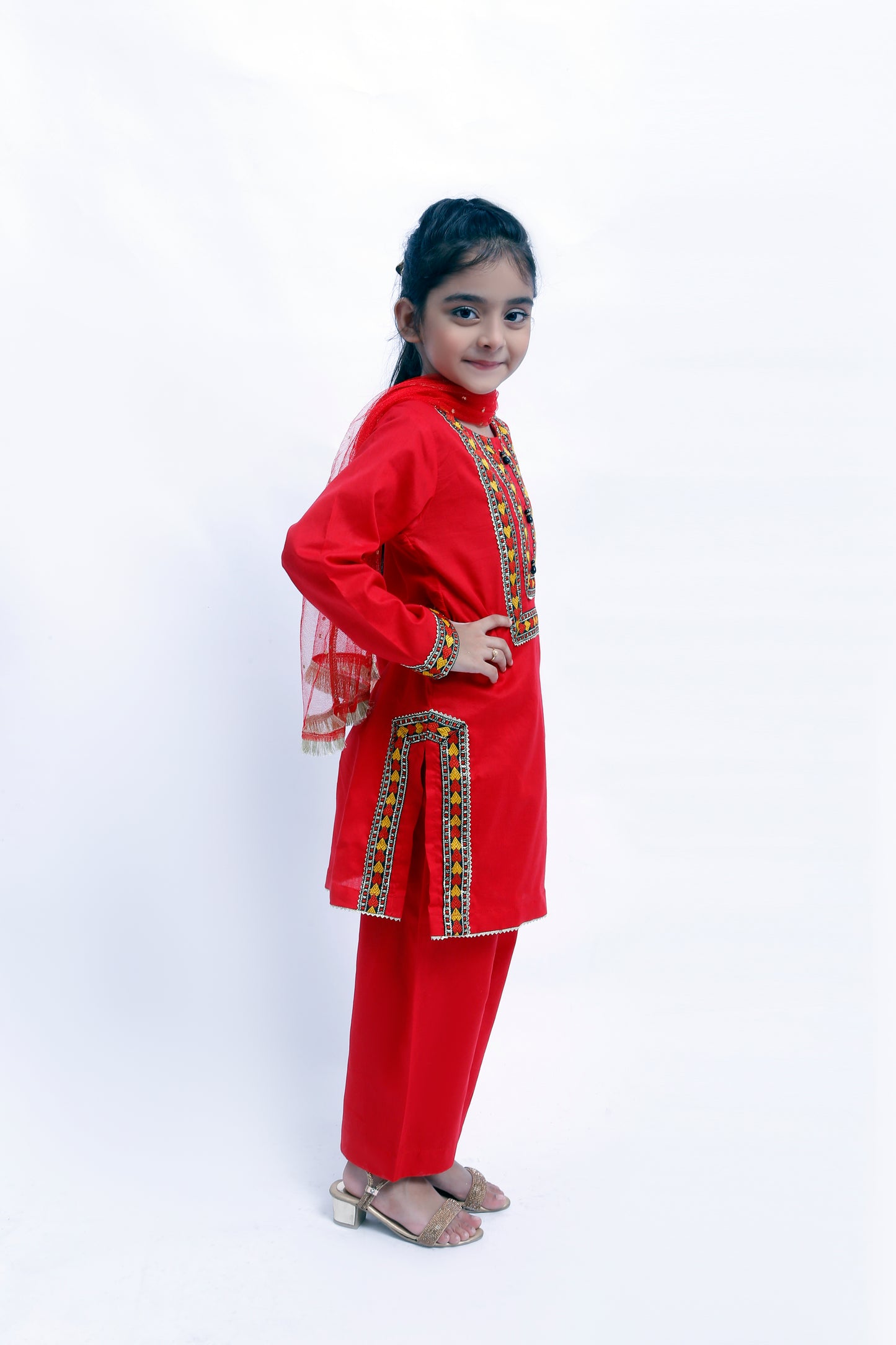 3 piece Stunning Red Cotton Plazo Suit with Beautiful Multicolor & Golden Laces & Red chan net Dupatta. (Stitch)