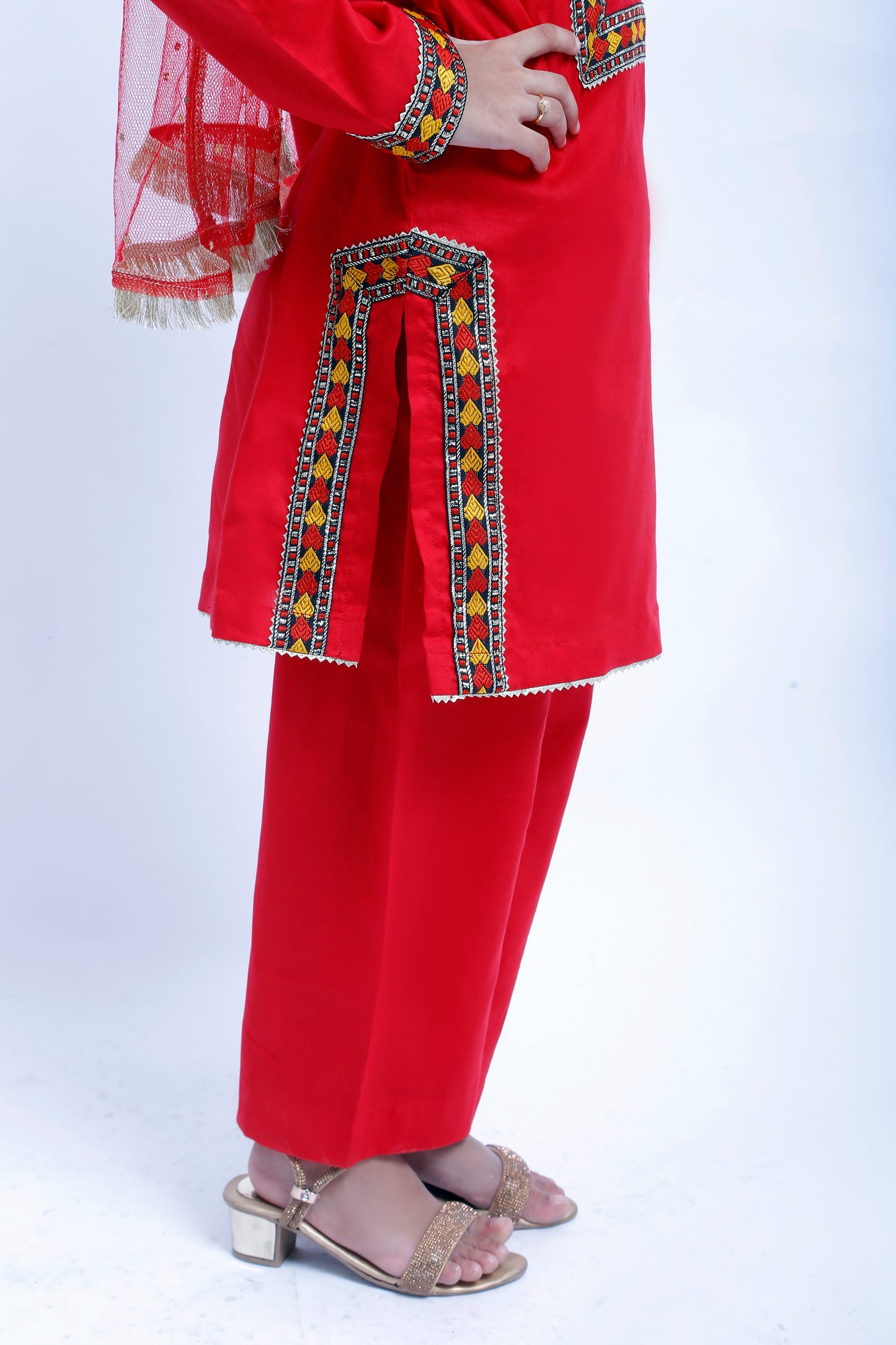 3 piece Stunning Red Cotton Plazo Suit with Beautiful Multicolor & Golden Laces & Red chan net Dupatta. (Stitch)