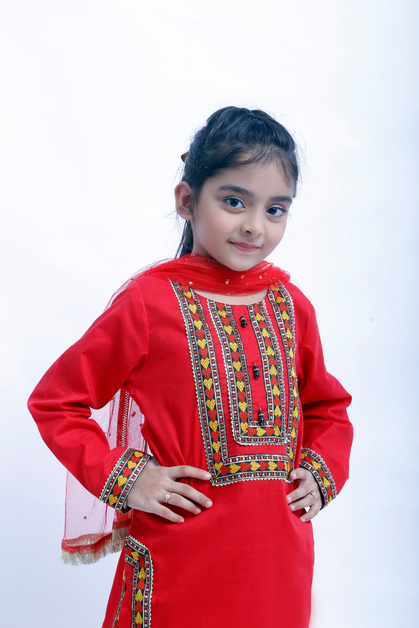 3 piece Stunning Red Cotton Plazo Suit with Beautiful Multicolor & Golden Laces & Red chan net Dupatta. (Stitch)