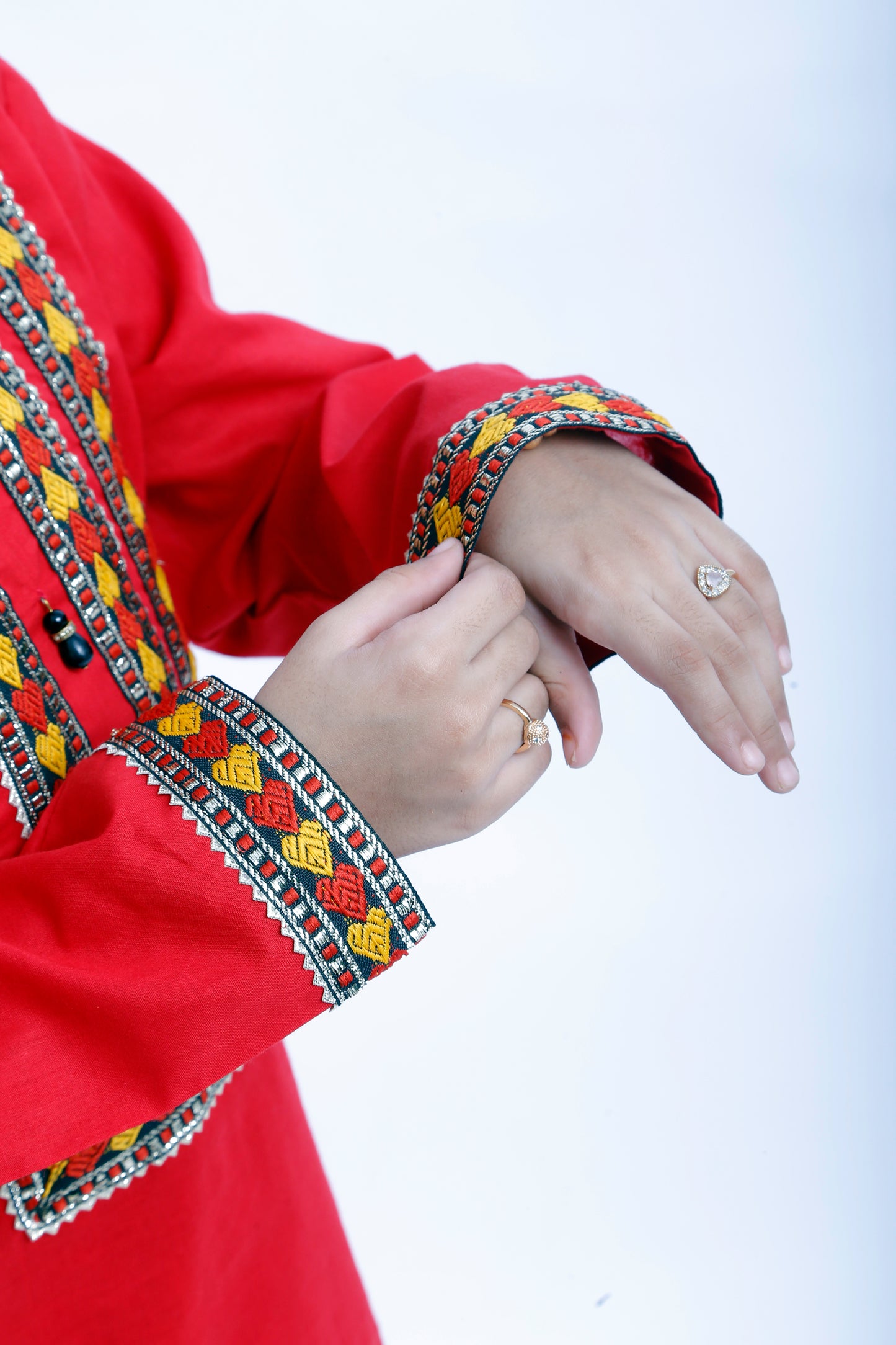 3 piece Stunning Red Cotton Plazo Suit with Beautiful Multicolor & Golden Laces & Red chan net Dupatta. (Stitch)