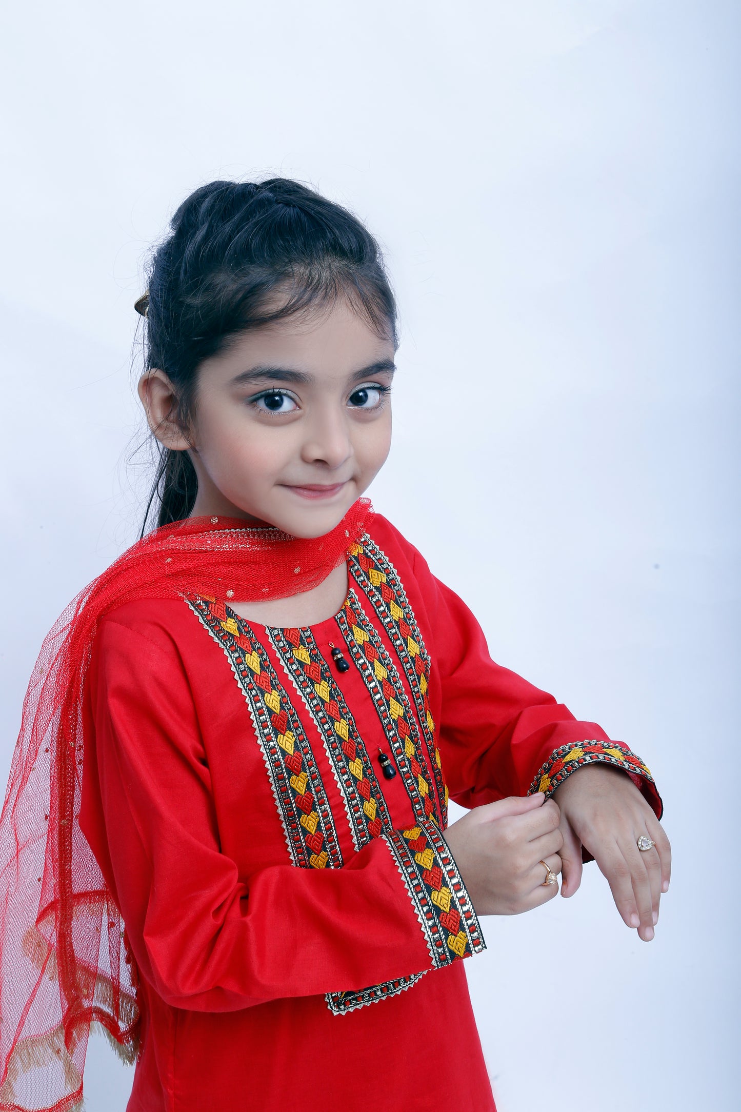3 piece Stunning Red Cotton Plazo Suit with Beautiful Multicolor & Golden Laces & Red chan net Dupatta. (Stitch)