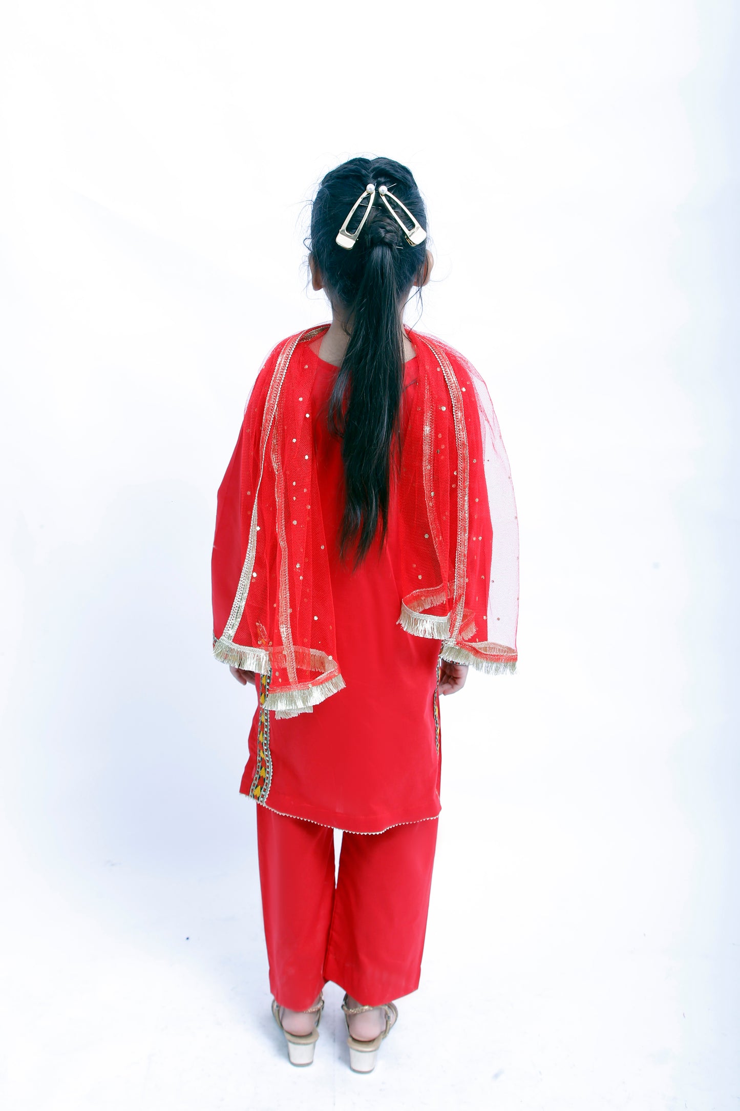 3 piece Stunning Red Cotton Plazo Suit with Beautiful Multicolor & Golden Laces & Red chan net Dupatta. (Stitch)