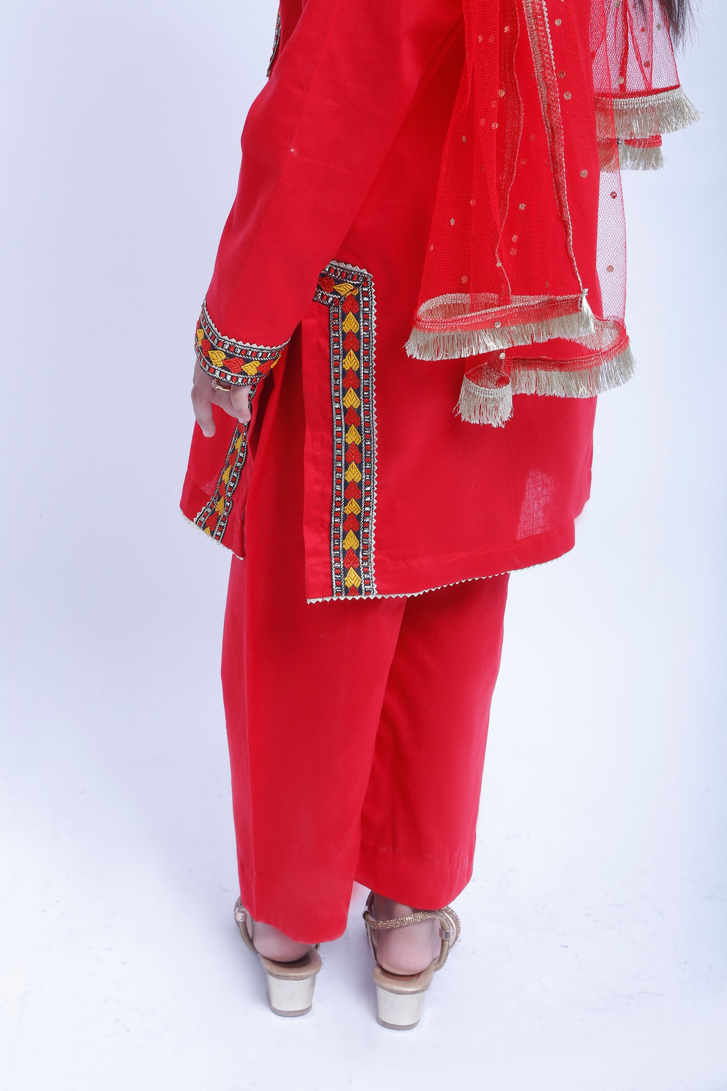 3 piece Stunning Red Cotton Plazo Suit with Beautiful Multicolor & Golden Laces & Red chan net Dupatta. (Stitch)