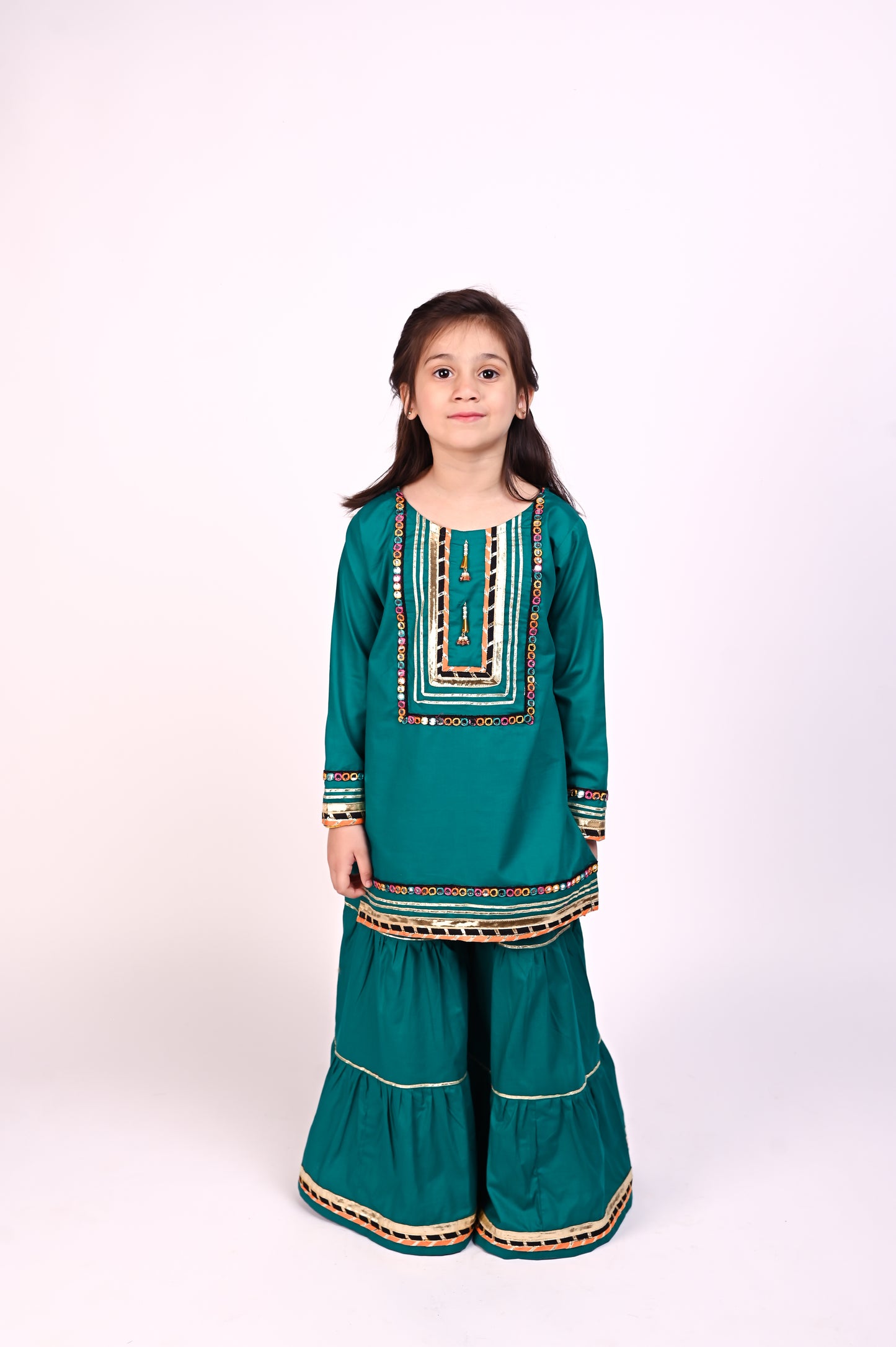 3 piece Sea Green Cotton Gharara Suit with Orange & Black frill net Dupatta & Multicolor mirror Laces.(Stitch)