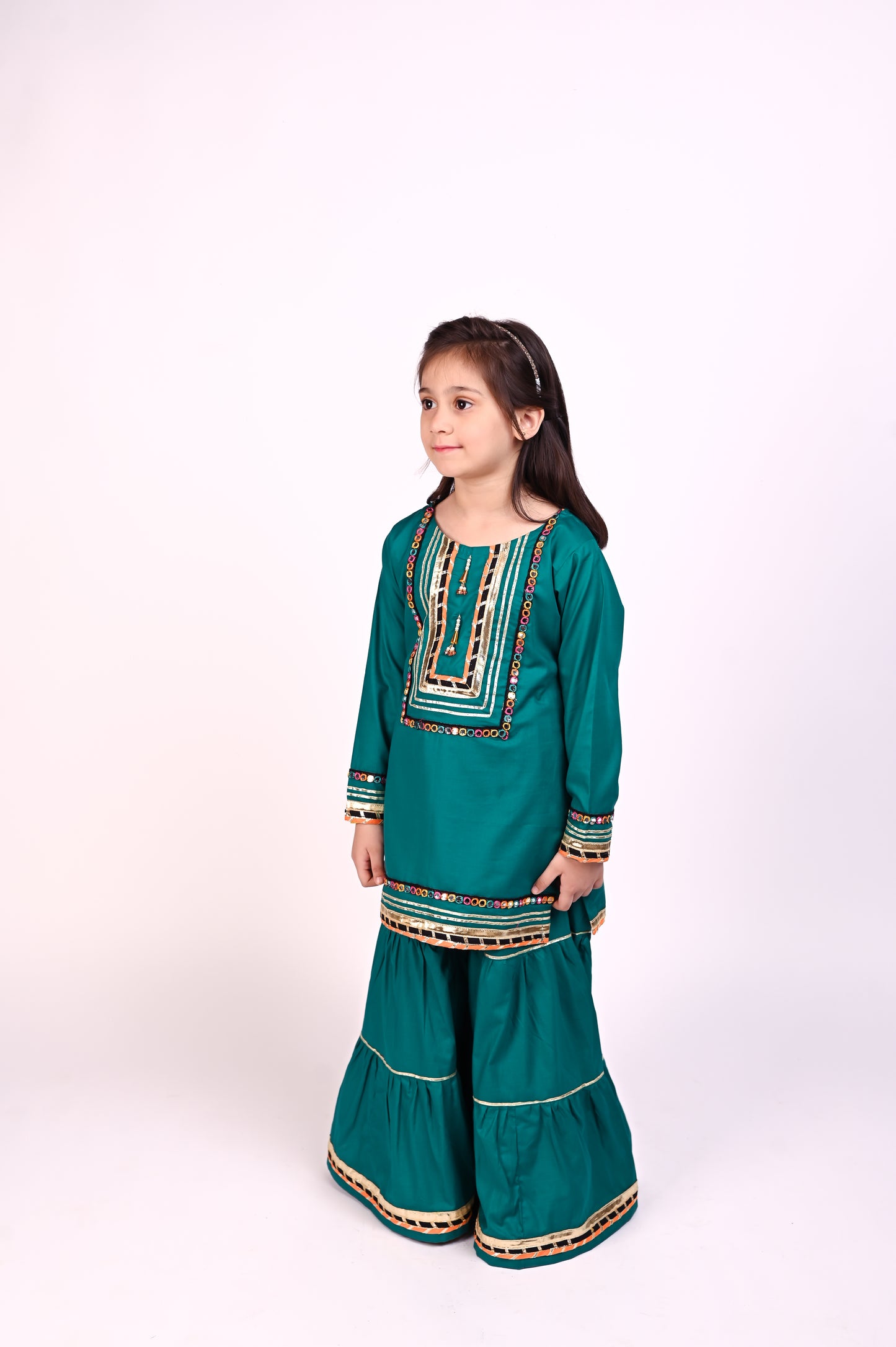 3 piece Sea Green Cotton Gharara Suit with Orange & Black frill net Dupatta & Multicolor mirror Laces.(Stitch)