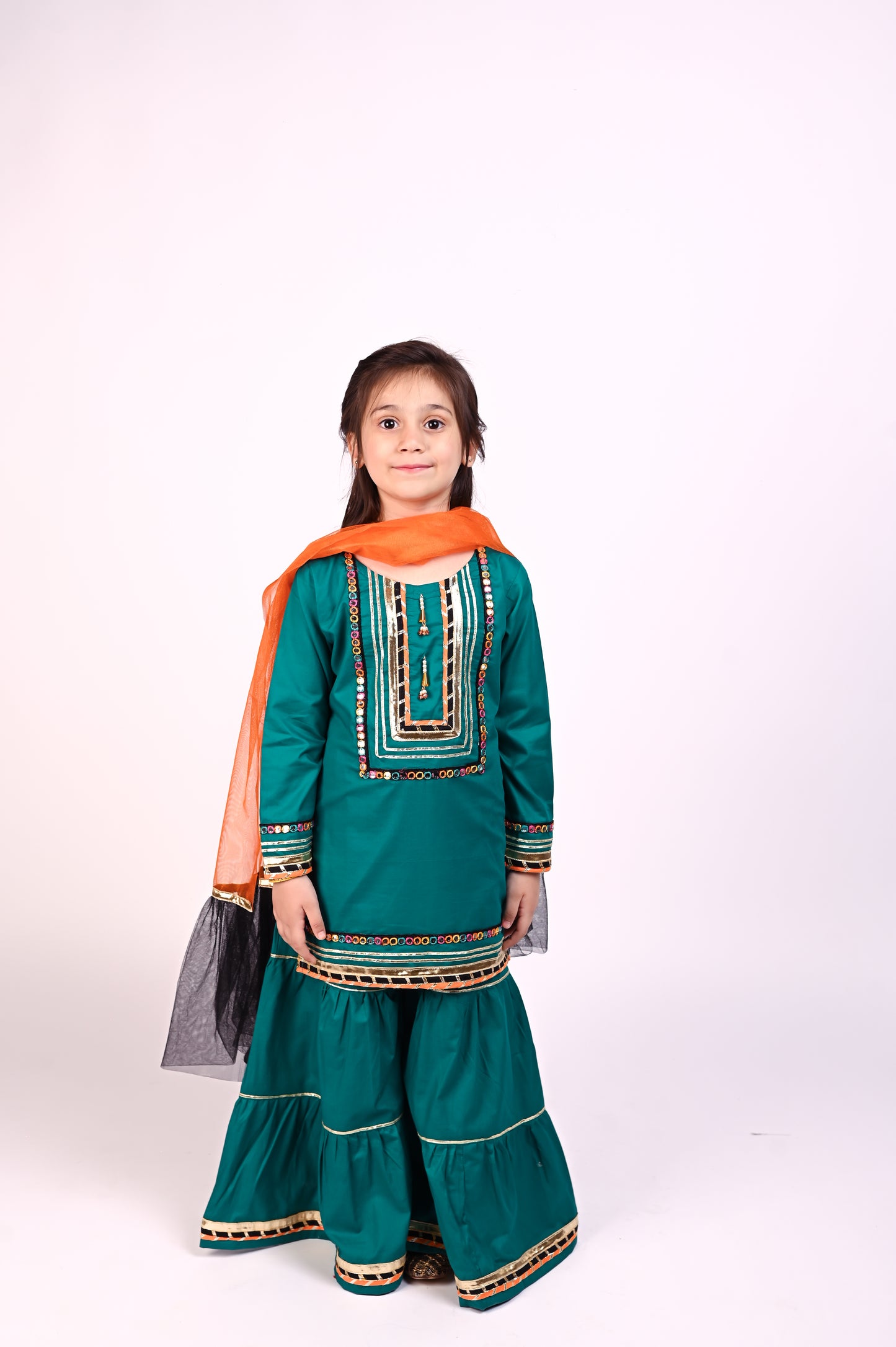 3 piece Sea Green Cotton Gharara Suit with Orange & Black frill net Dupatta & Multicolor mirror Laces.(Stitch)