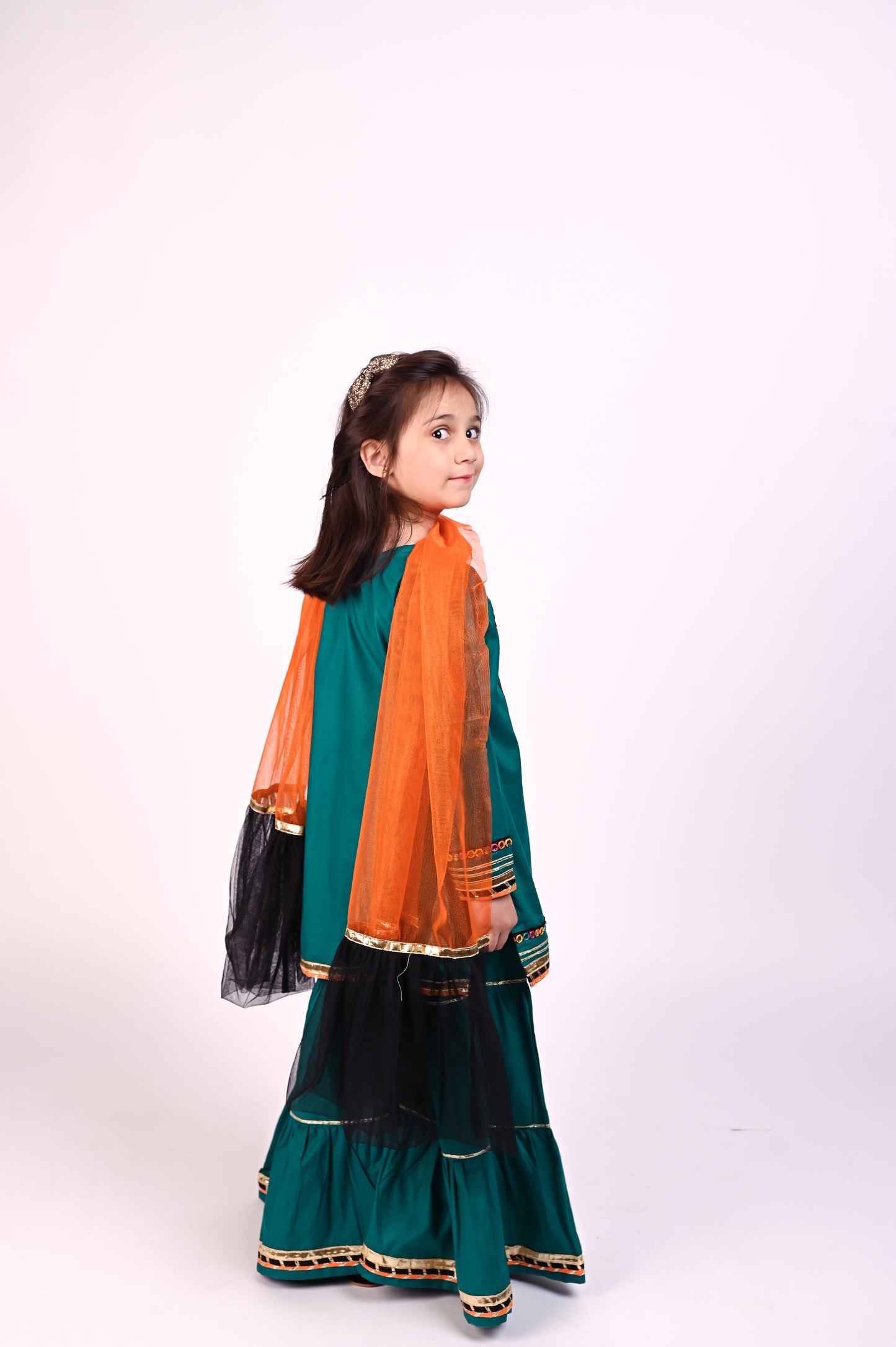 3 piece Sea Green Cotton Gharara Suit with Orange & Black frill net Dupatta & Multicolor mirror Laces.(Stitch)