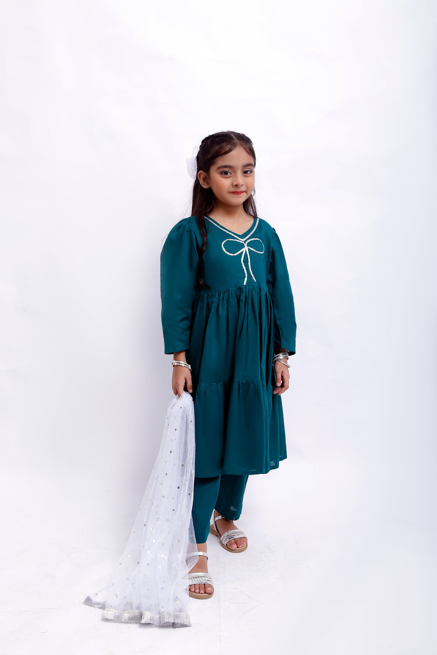 3 piece Sea Green Cotton Frock Suit with Silver Sitara Laces & White/Silver Chan net Dupatta (Stich).