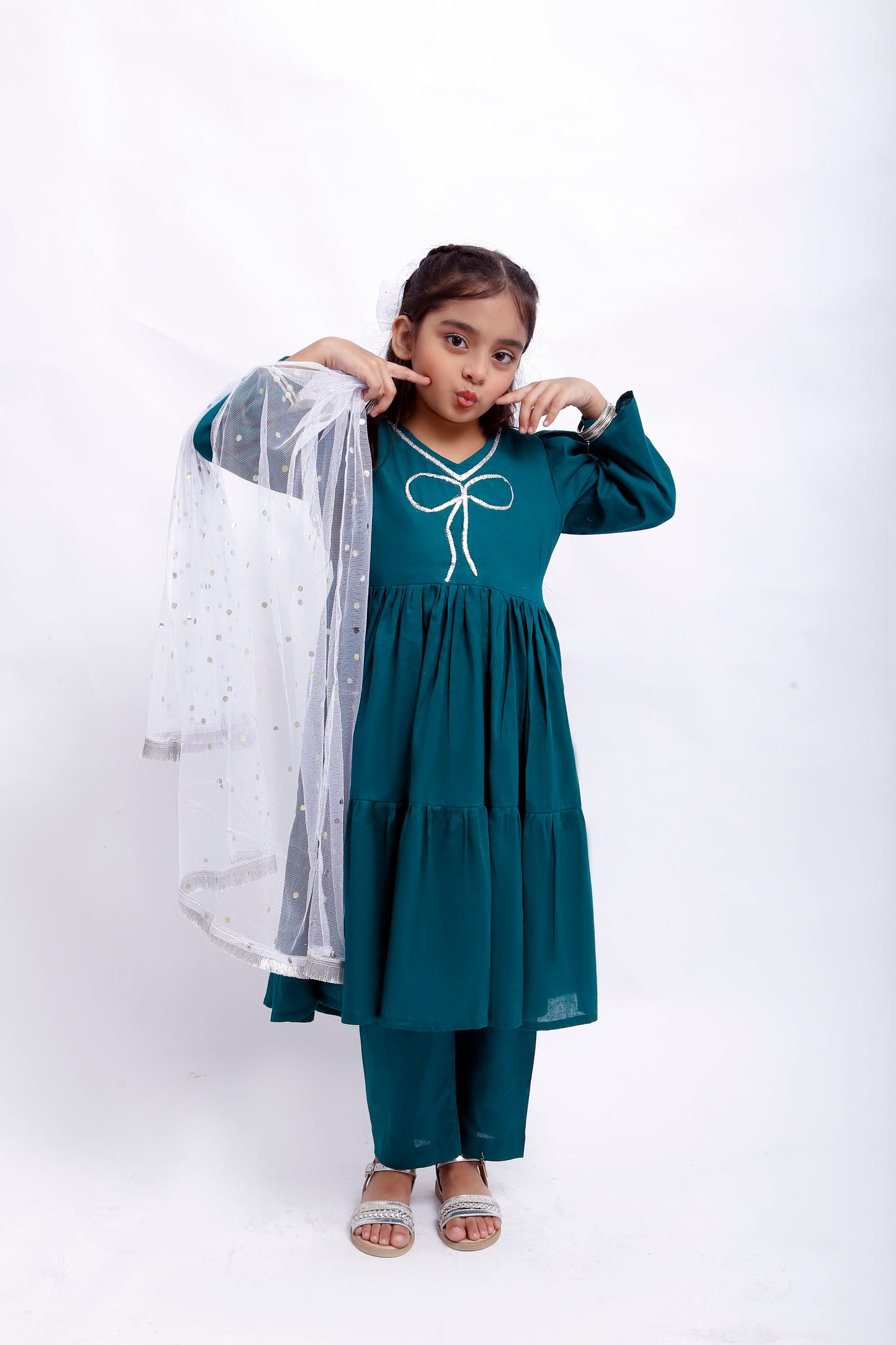 3 piece Sea Green Cotton Frock Suit with Silver Sitara Laces & White/Silver Chan net Dupatta (Stich).