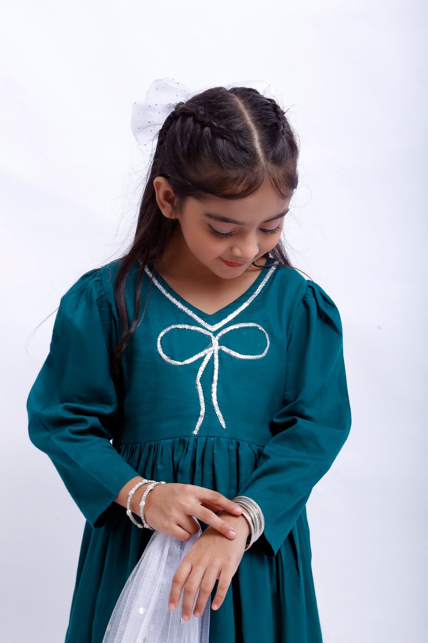 3 piece Sea Green Cotton Frock Suit with Silver Sitara Laces & White/Silver Chan net Dupatta (Stich).