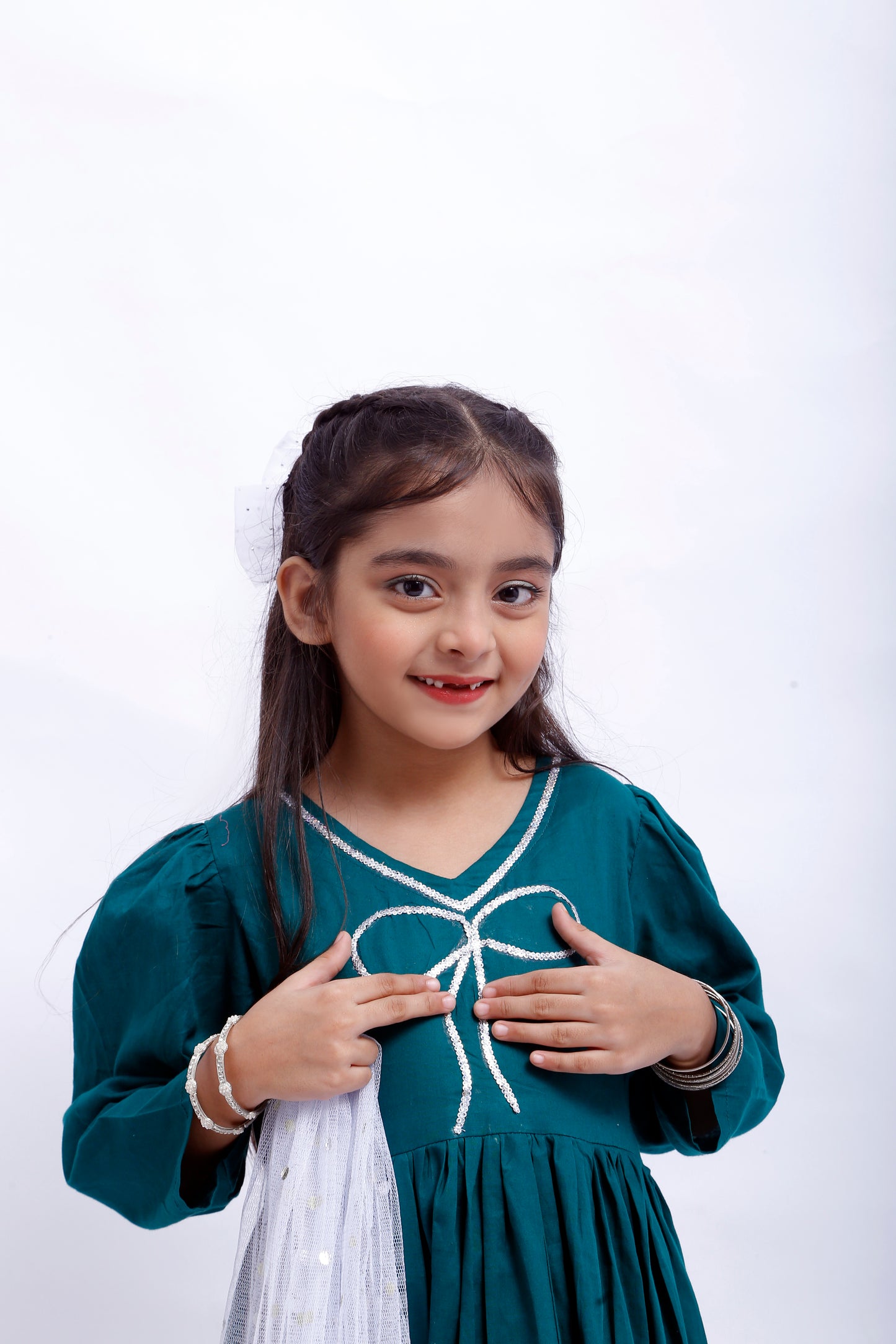 3 piece Sea Green Cotton Frock Suit with Silver Sitara Laces & White/Silver Chan net Dupatta (Stich).