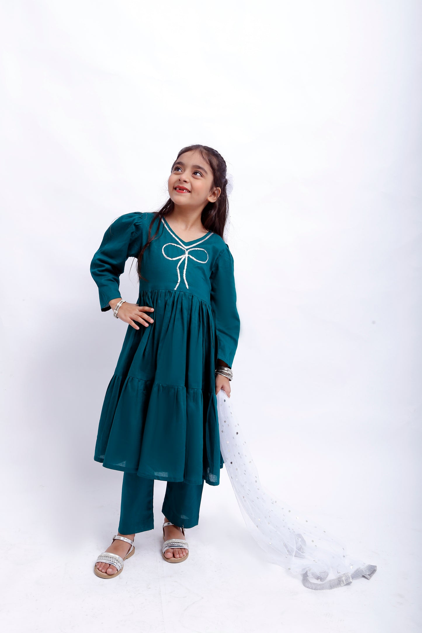 3 piece Sea Green Cotton Frock Suit with Silver Sitara Laces & White/Silver Chan net Dupatta (Stich).