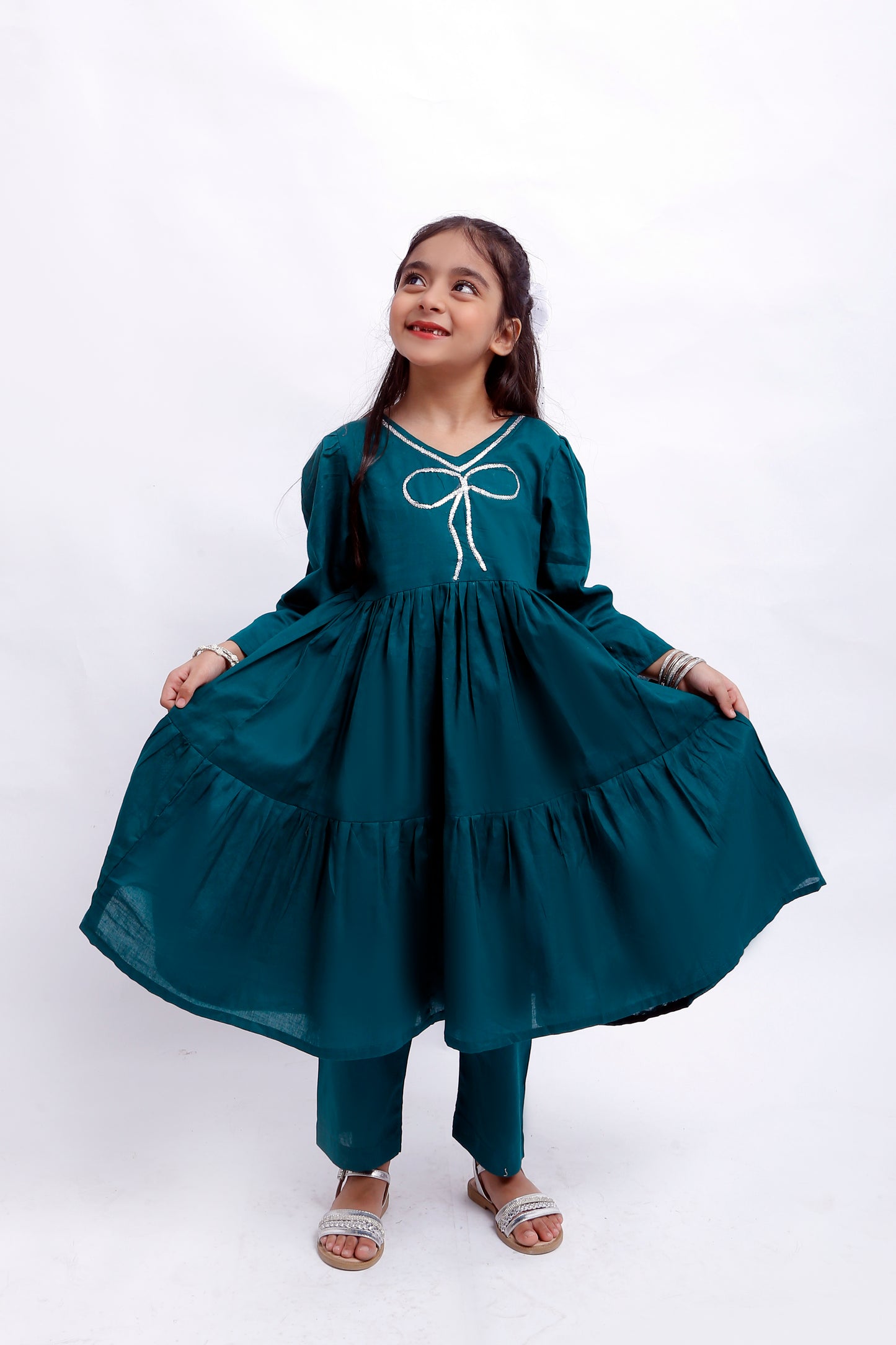 3 piece Sea Green Cotton Frock Suit with Silver Sitara Laces & White/Silver Chan net Dupatta (Stich).
