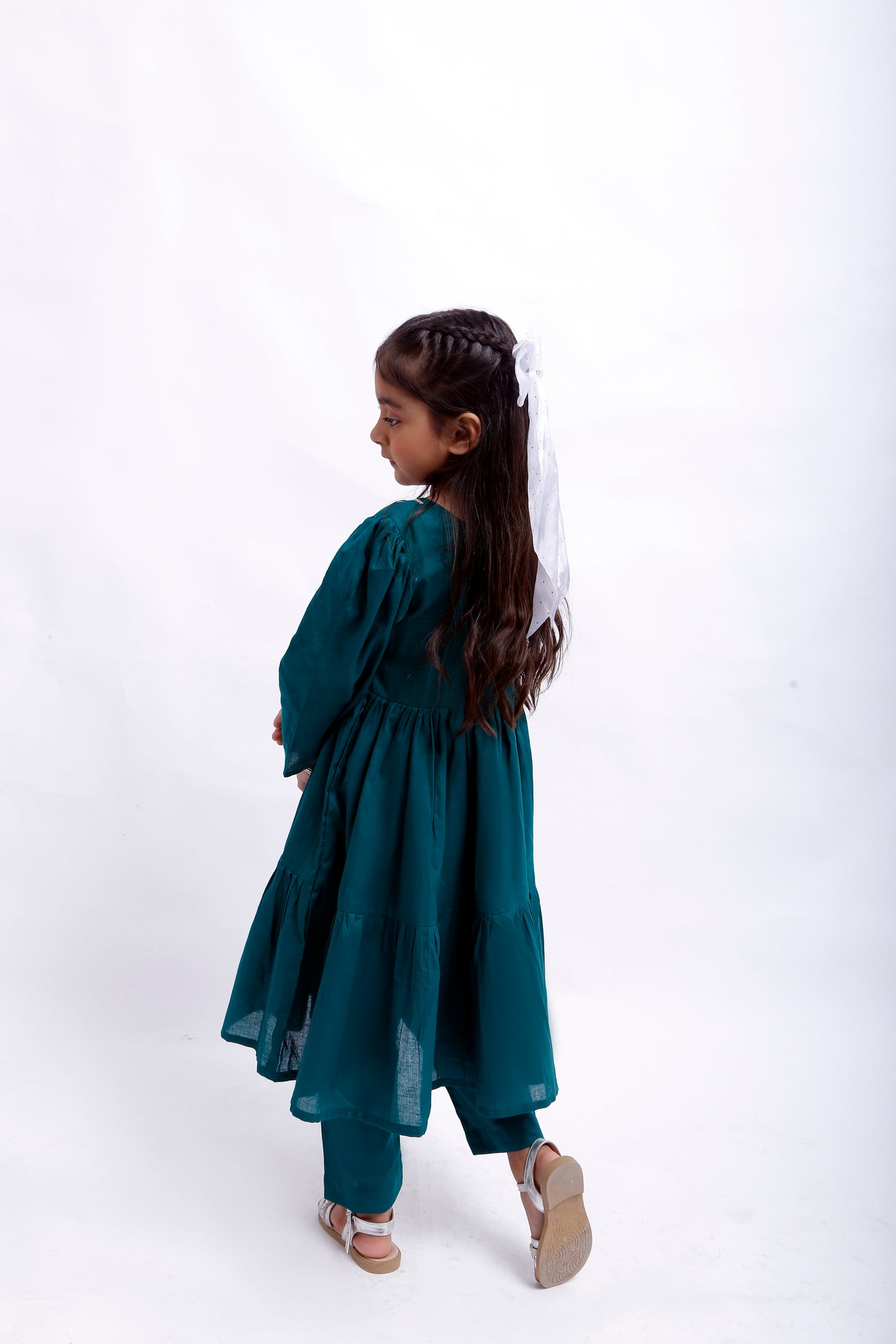 3 piece Sea Green Cotton Frock Suit with Silver Sitara Laces & White/Silver Chan net Dupatta (Stich).