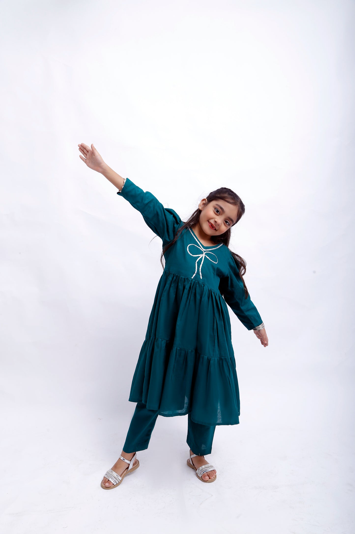 3 piece Sea Green Cotton Frock Suit with Silver Sitara Laces & White/Silver Chan net Dupatta (Stich).