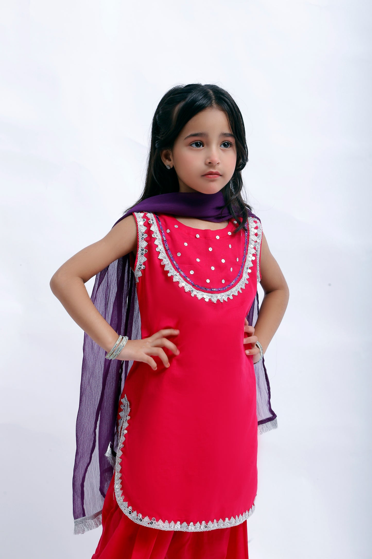 3 piece Elegant Shocking Pink Cotton Sleeveless Plazo Suit with Silver & Purple Laces & Purple Chiffon Dupatta. (Stitch)