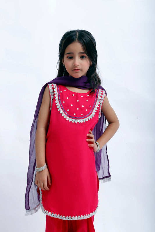 3 piece Elegant Shocking Pink Cotton Sleeveless Plazo Suit with Silver & Purple Laces & Purple Chiffon Dupatta. (Stitch)
