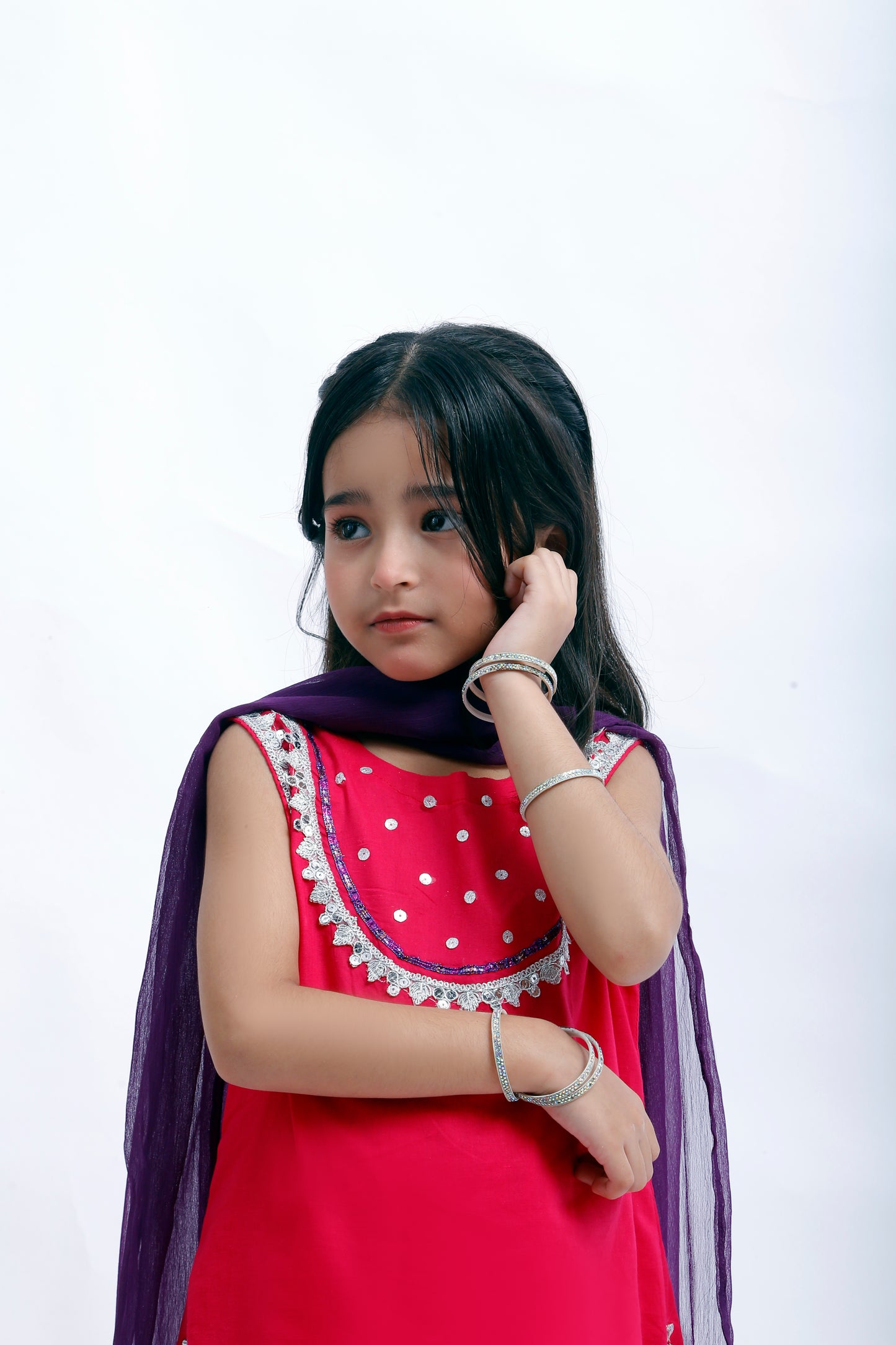 3 piece Elegant Shocking Pink Cotton Sleeveless Plazo Suit with Silver & Purple Laces & Purple Chiffon Dupatta. (Stitch)