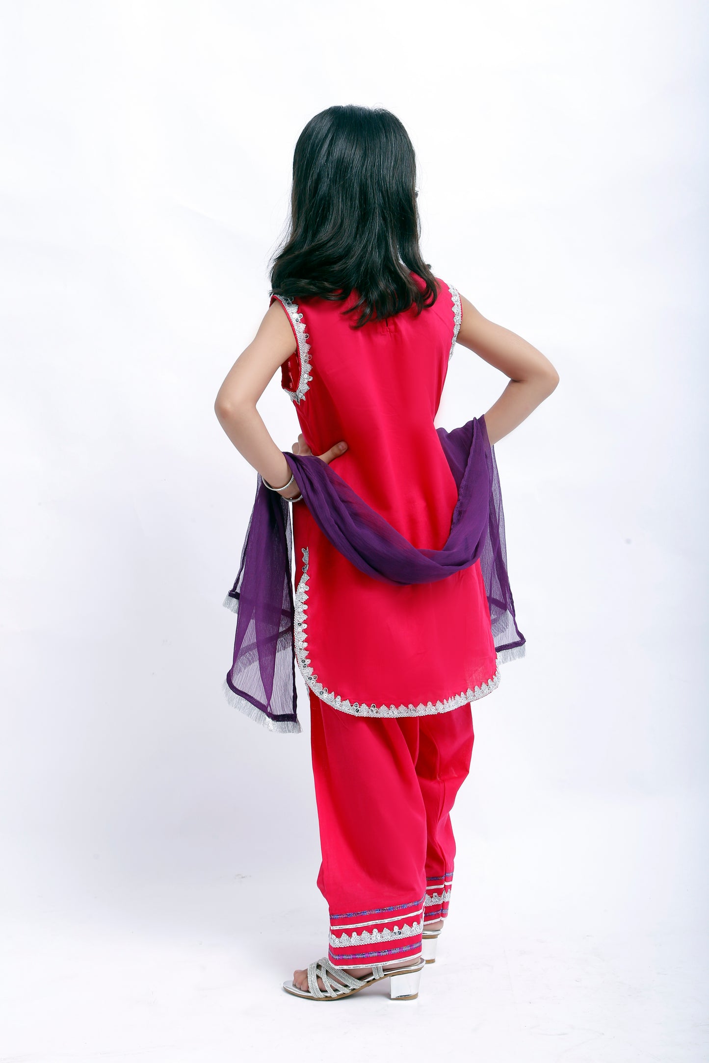 3 piece Elegant Shocking Pink Cotton Sleeveless Plazo Suit with Silver & Purple Laces & Purple Chiffon Dupatta. (Stitch)