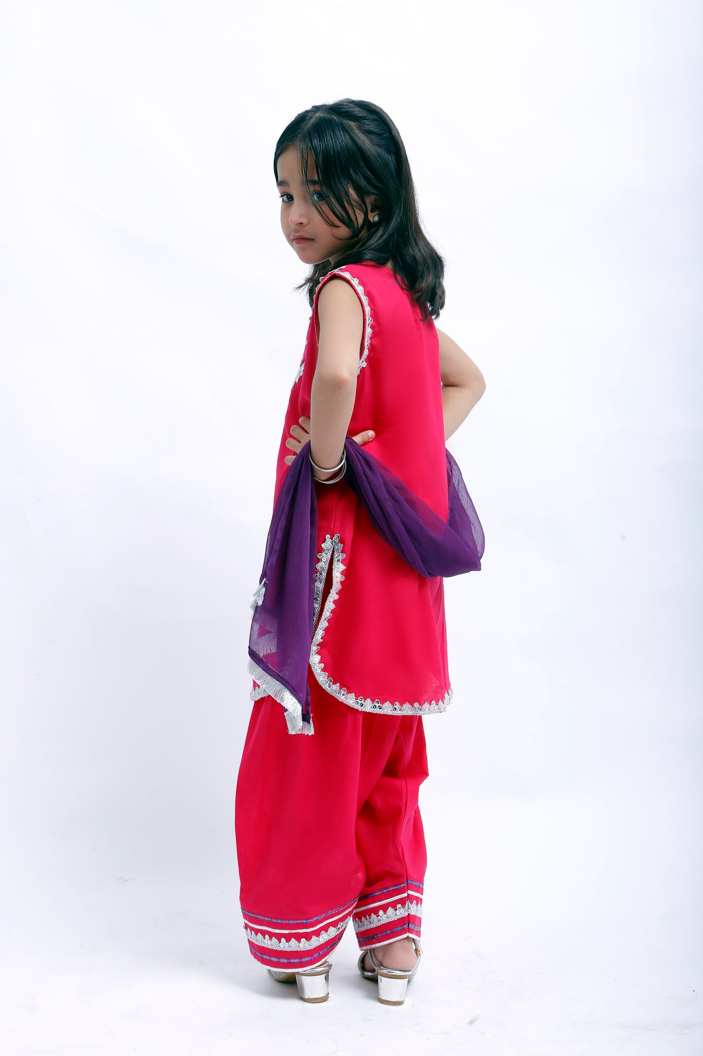 3 piece Elegant Shocking Pink Cotton Sleeveless Plazo Suit with Silver & Purple Laces & Purple Chiffon Dupatta. (Stitch)
