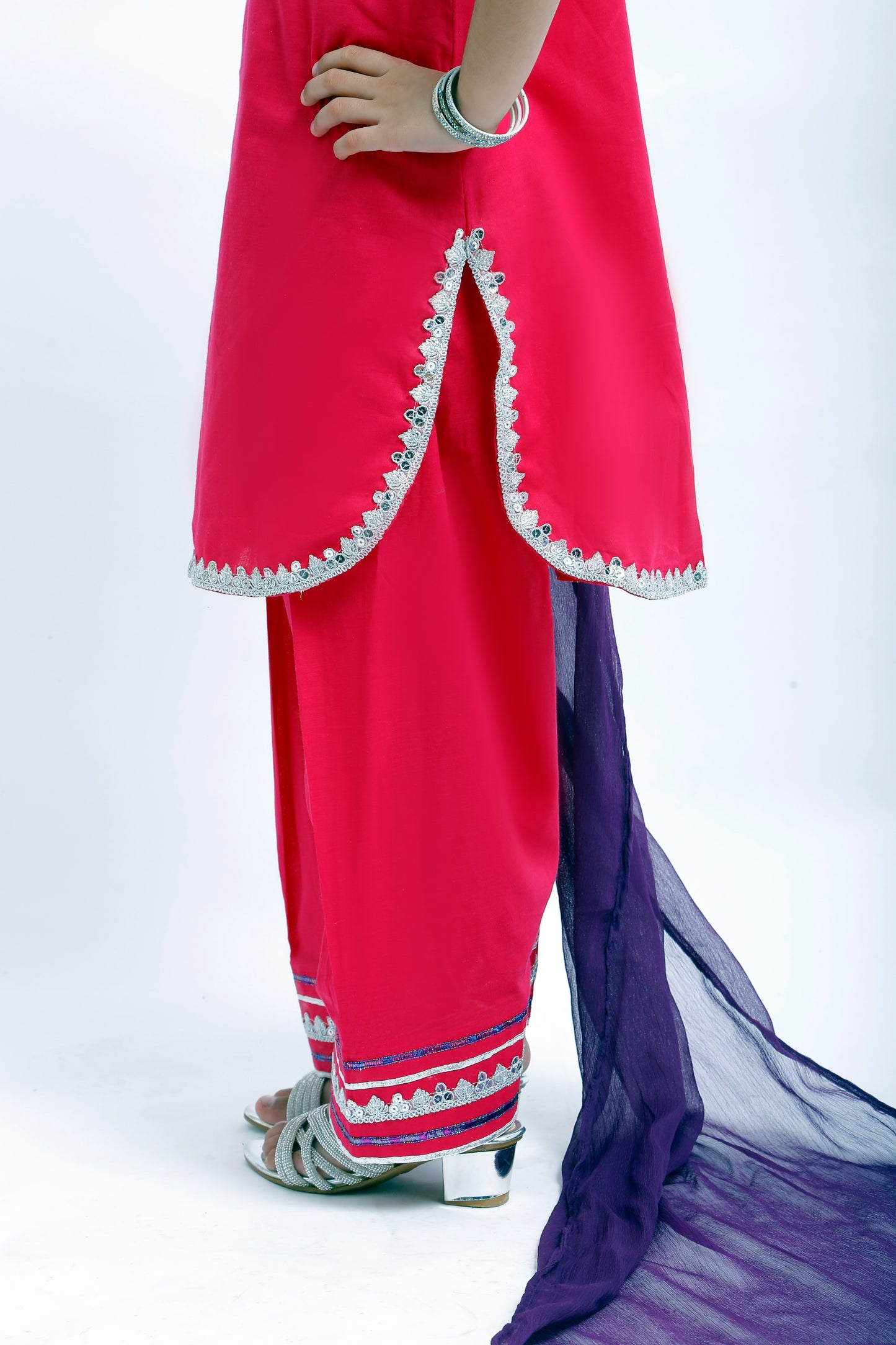 3 piece Elegant Shocking Pink Cotton Sleeveless Plazo Suit with Silver & Purple Laces & Purple Chiffon Dupatta. (Stitch)