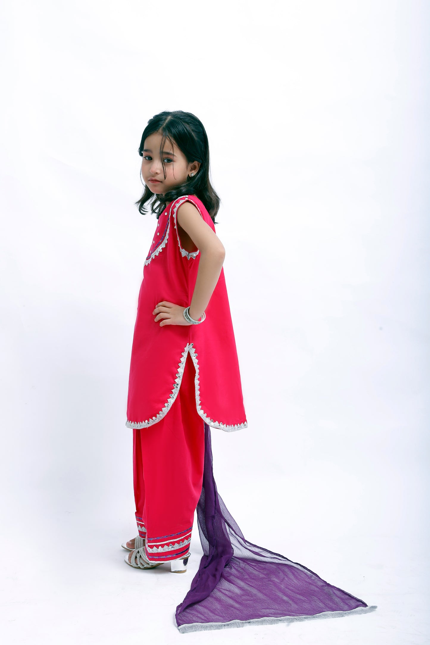 3 piece Elegant Shocking Pink Cotton Sleeveless Plazo Suit with Silver & Purple Laces & Purple Chiffon Dupatta. (Stitch)