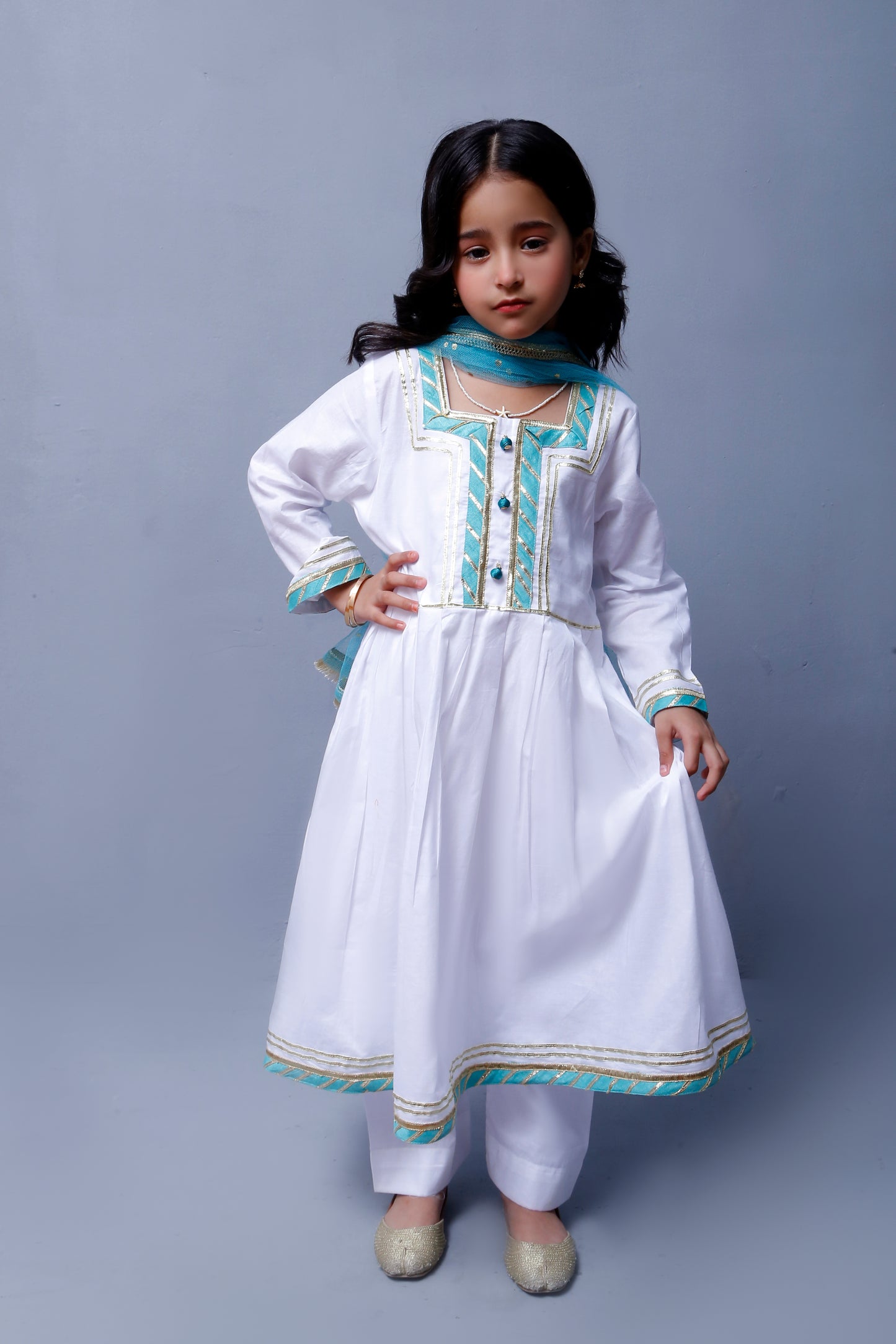 3 piece beautiful White Frock Cotton Suit with Cyan(Aqua Green) Laces & Cyan(Aqua Green) Chan net Dupatta (Stitch).