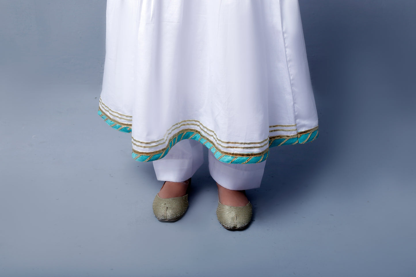 3 piece beautiful White Frock Cotton Suit with Cyan(Aqua Green) Laces & Cyan(Aqua Green) Chan net Dupatta (Stitch).