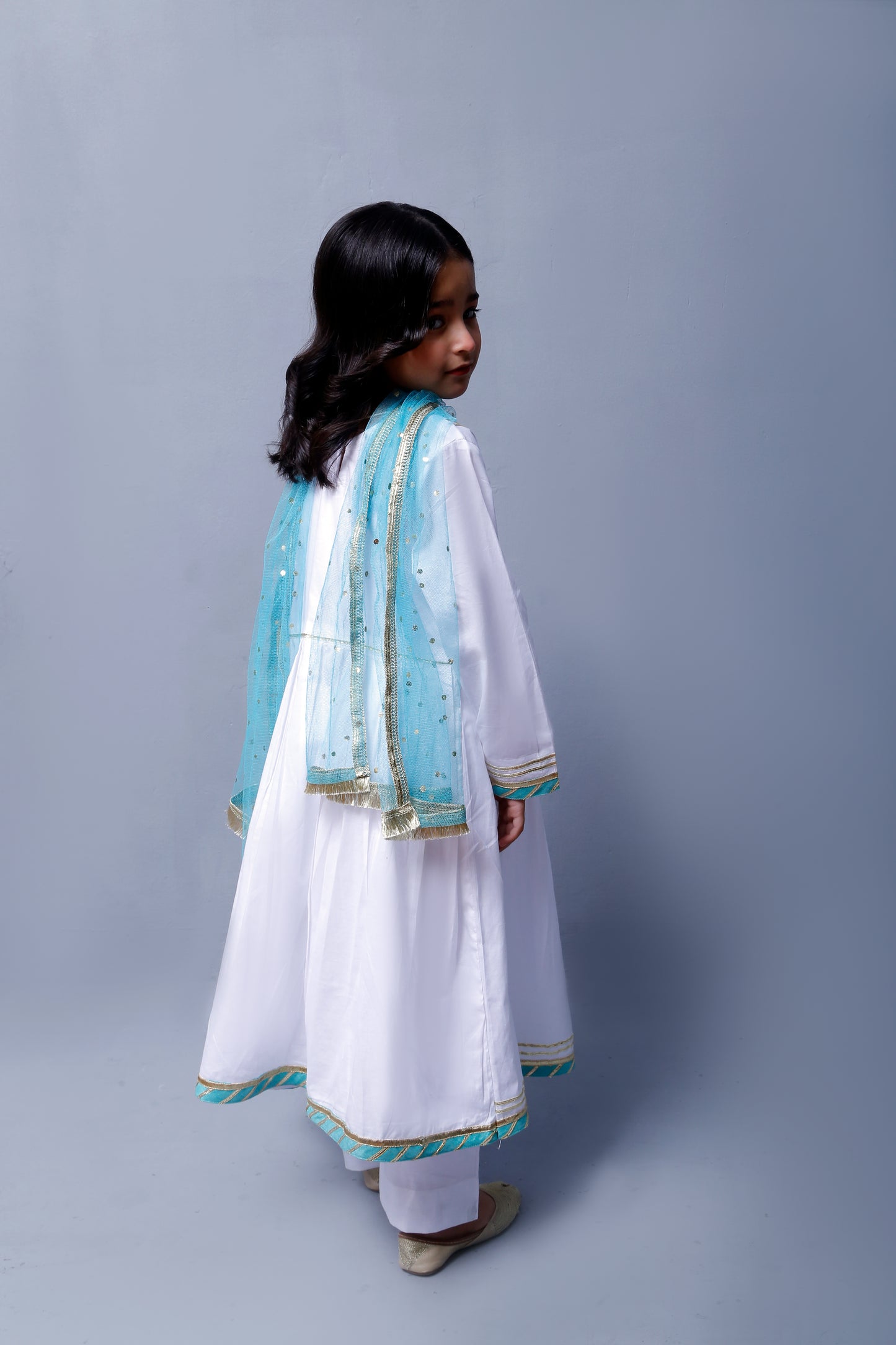 3 piece beautiful White Frock Cotton Suit with Cyan(Aqua Green) Laces & Cyan(Aqua Green) Chan net Dupatta (Stitch).