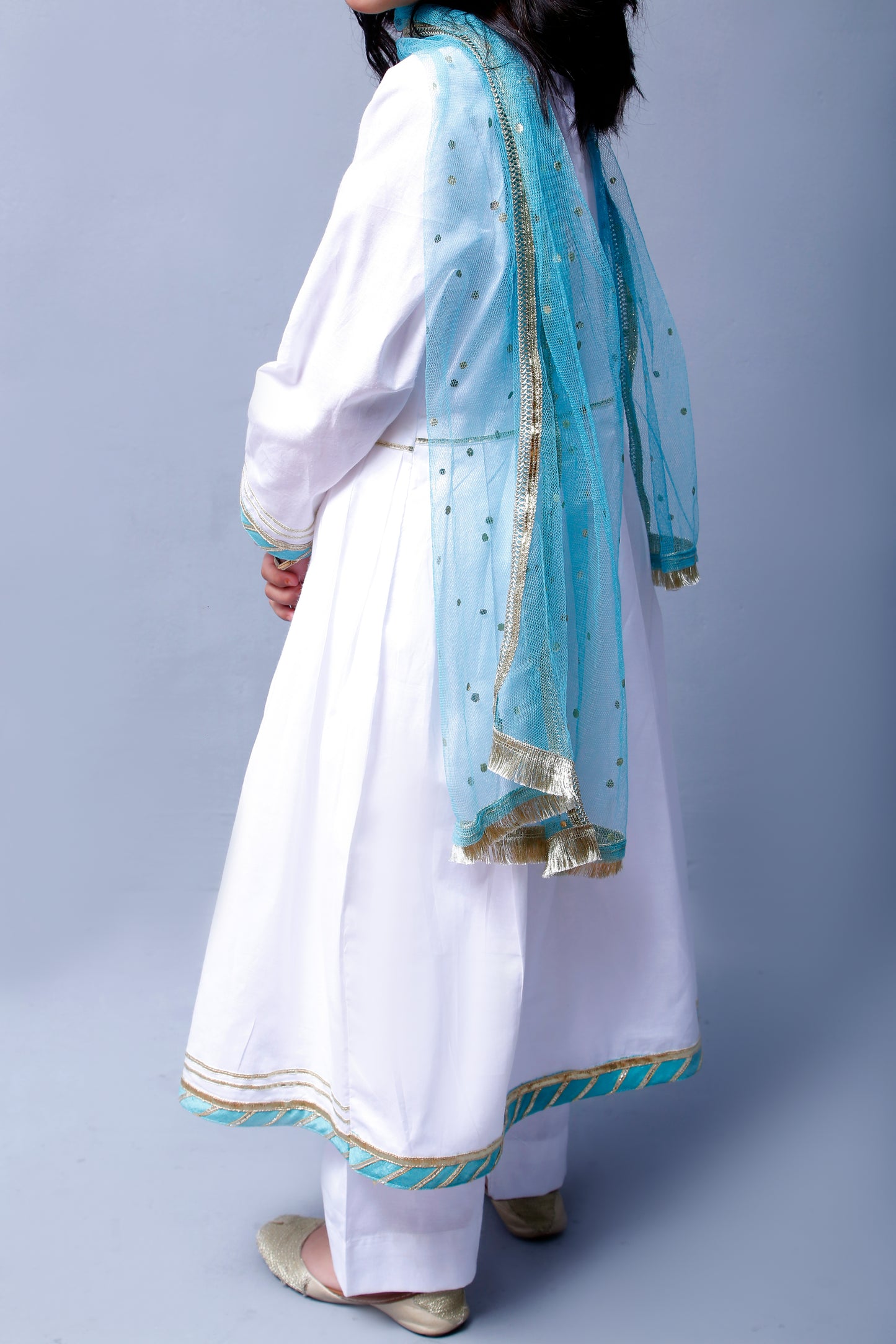 3 piece beautiful White Frock Cotton Suit with Cyan(Aqua Green) Laces & Cyan(Aqua Green) Chan net Dupatta (Stitch).