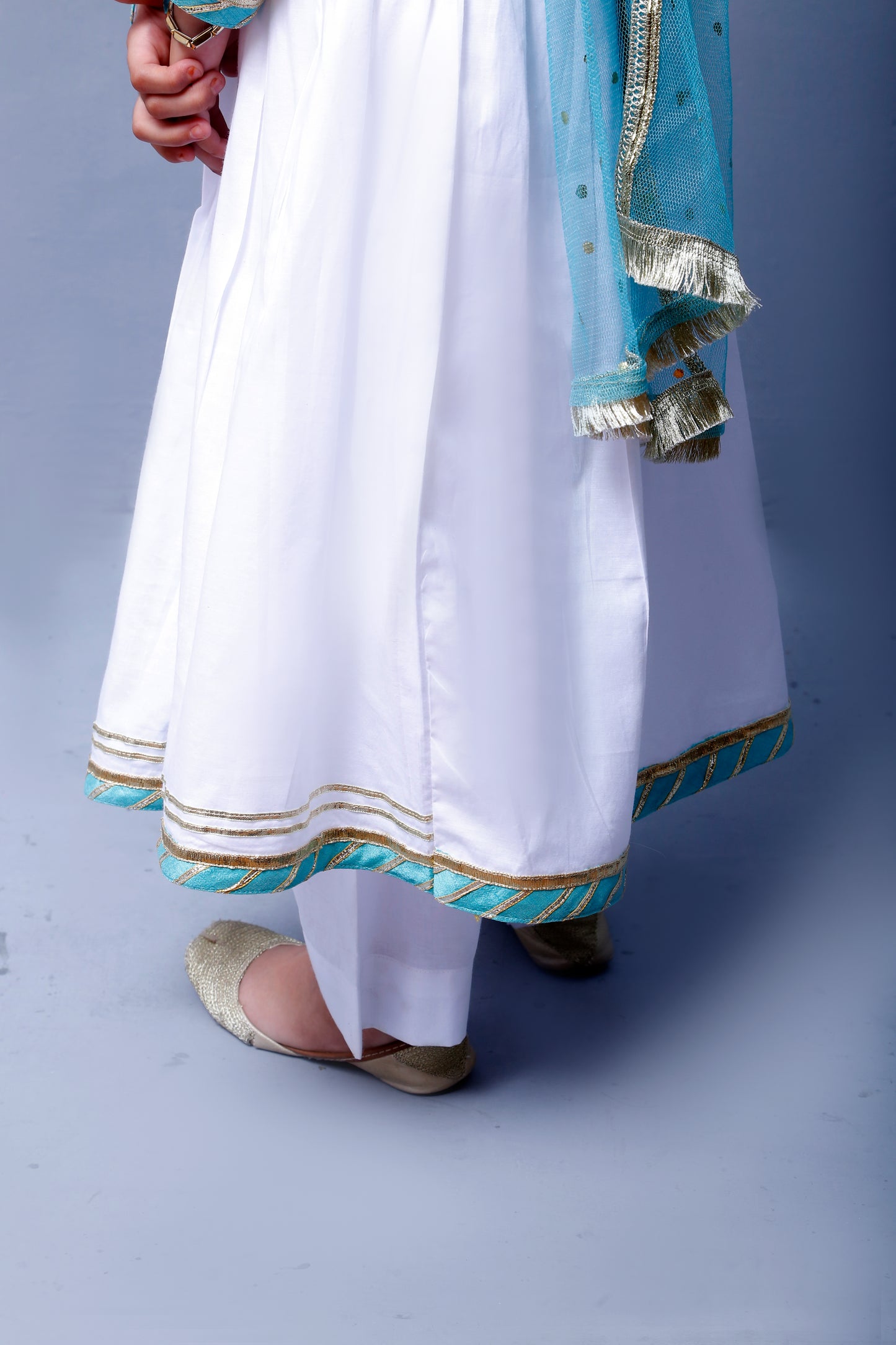 3 piece beautiful White Frock Cotton Suit with Cyan(Aqua Green) Laces & Cyan(Aqua Green) Chan net Dupatta (Stitch).