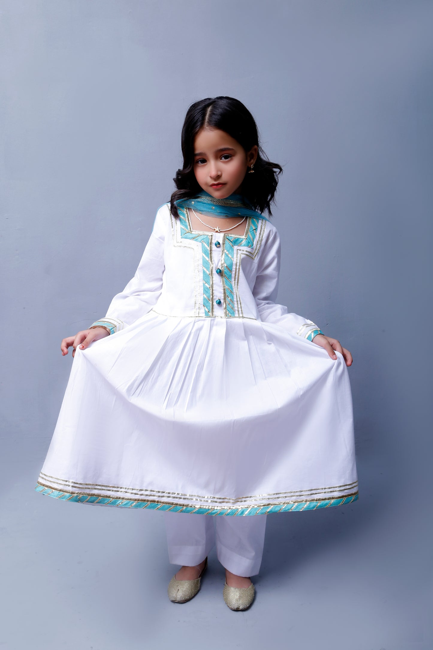 3 piece beautiful White Frock Cotton Suit with Cyan(Aqua Green) Laces & Cyan(Aqua Green) Chan net Dupatta (Stitch).