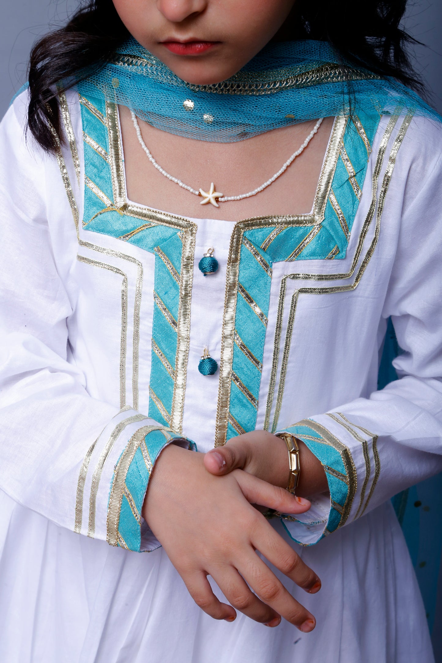 3 piece beautiful White Frock Cotton Suit with Cyan(Aqua Green) Laces & Cyan(Aqua Green) Chan net Dupatta (Stitch).