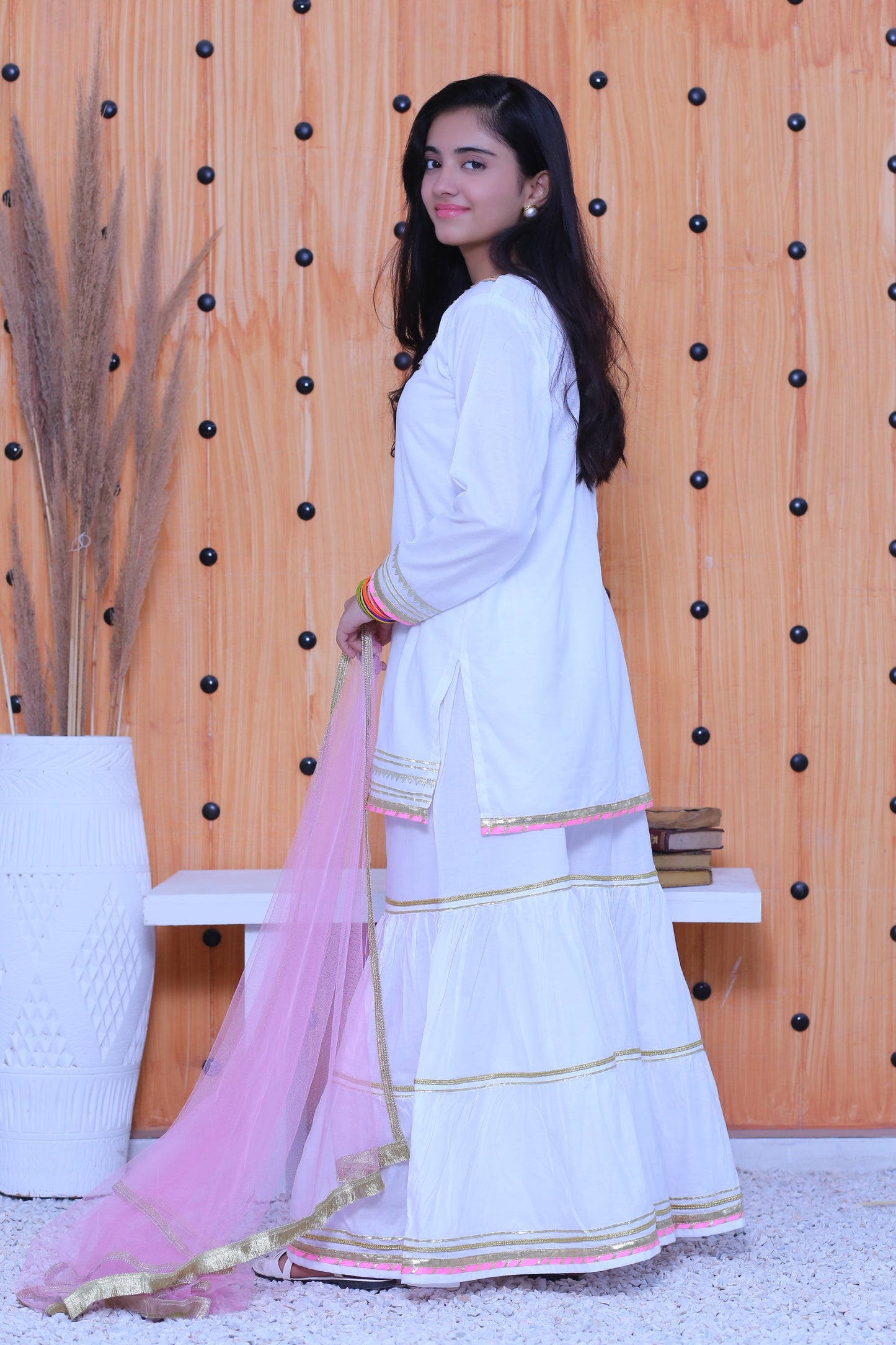 3 piece White Cotton Gharara Suit wiith Baby Pink net Dupatta & Baby Pink & Golden Laces.(Stitch)
