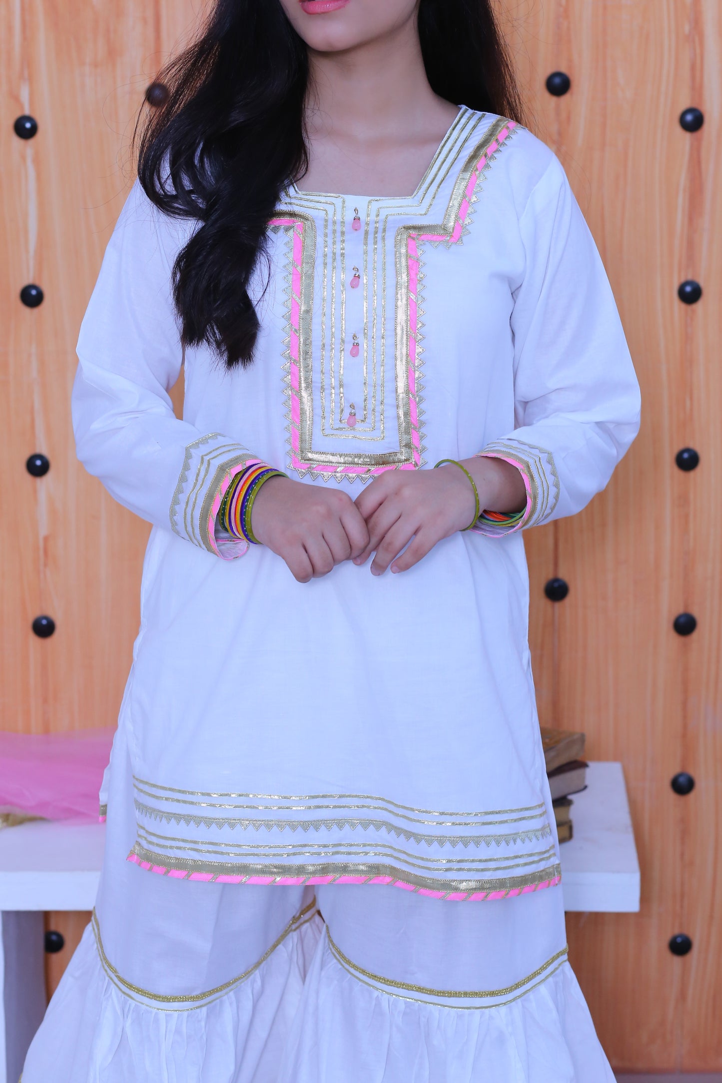 3 piece White Cotton Gharara Suit wiith Baby Pink net Dupatta & Baby Pink & Golden Laces.(Stitch)