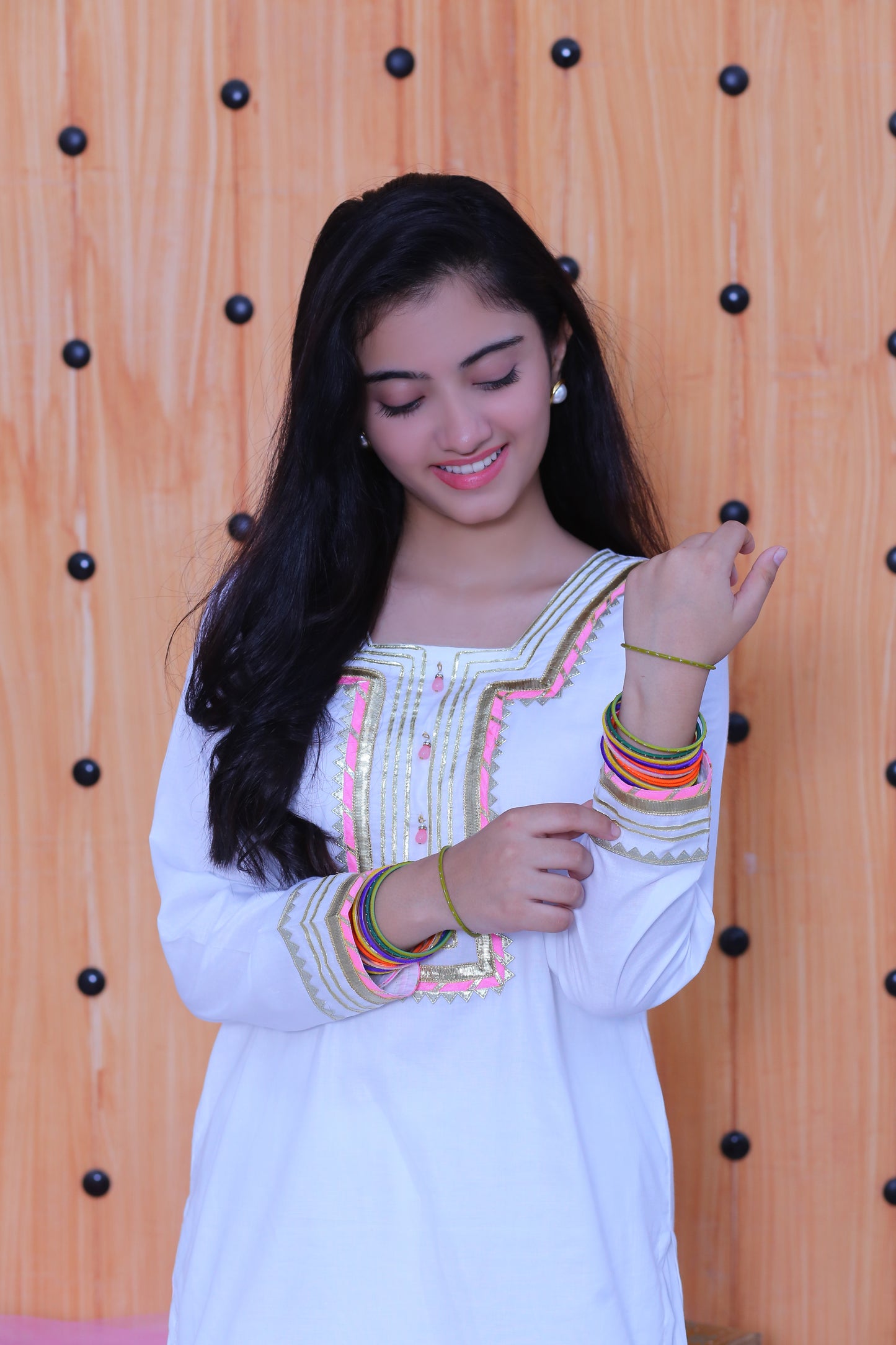 3 piece White Cotton Gharara Suit wiith Baby Pink net Dupatta & Baby Pink & Golden Laces.(Stitch)