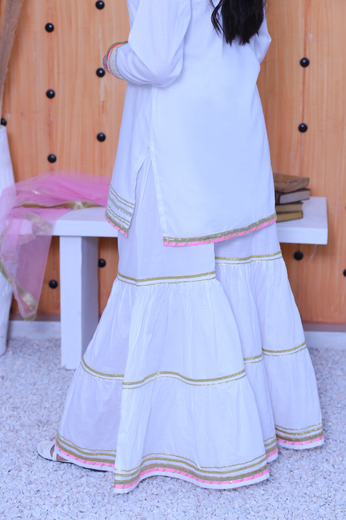 3 piece White Cotton Gharara Suit wiith Baby Pink net Dupatta & Baby Pink & Golden Laces.(Stitch)