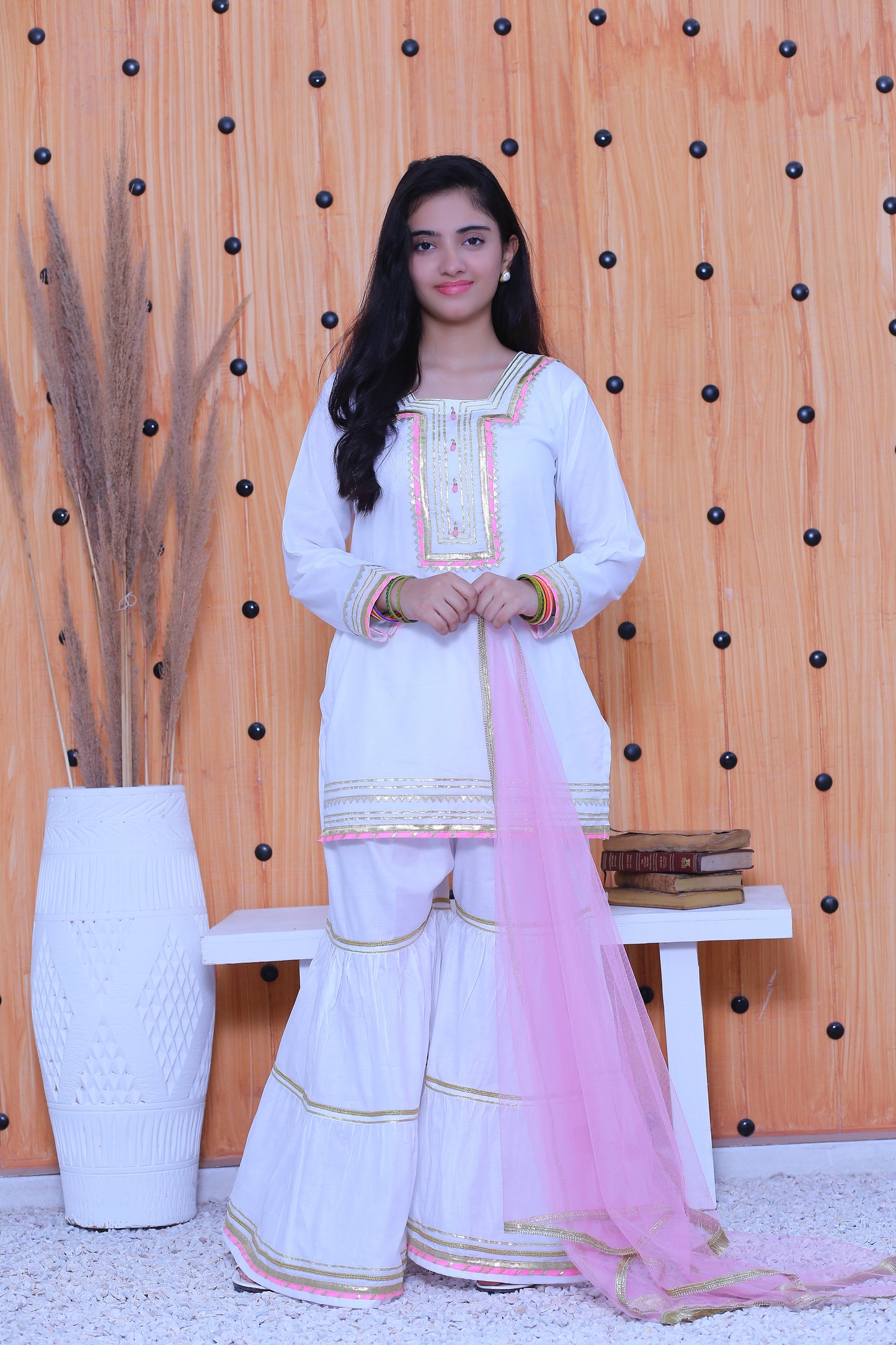 3 piece White Cotton Gharara Suit wiith Baby Pink net Dupatta & Baby Pink & Golden Laces.(Stitch)