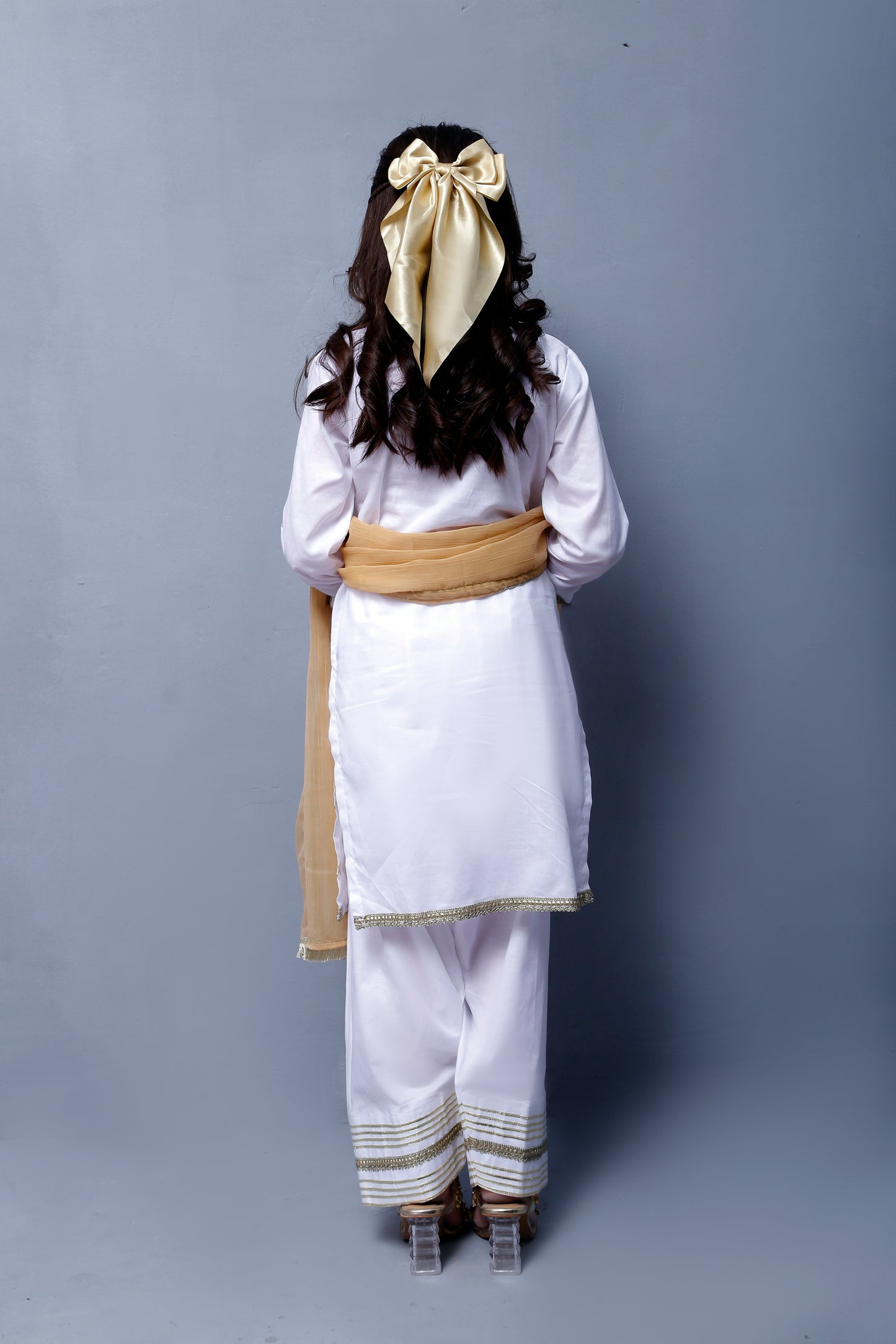 3 piece Elegant White Cotton Plazo Shalwar Kameez Suit with Golden Laces & Golden Chiffon Dupatta.(Stitch)